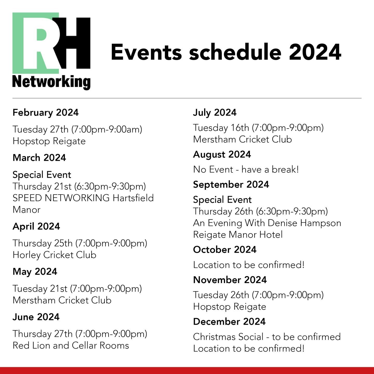 If you are looking for new networking opportunities locally, our friends at @rh_networking have announced their calendar of events for 2024.
#Netwkorking #BusinessNetworking #RHNetworking #Redhill

@rbbcbusiness