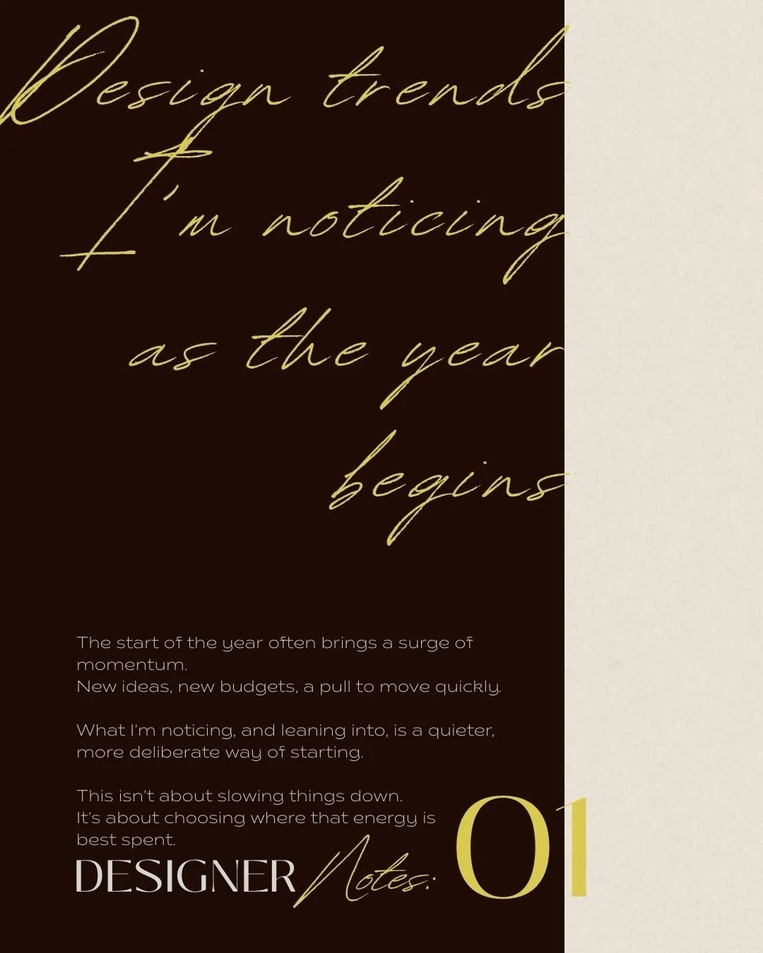 Designer Note 01

As the year begins, I&rsquo;m noticing a quieter confidence in hospitality design.
Less urgency for urgency&rsquo;s sake. More intention behind early decisions.

Momentum still matters, but where it&rsquo;s directed matters more.

T