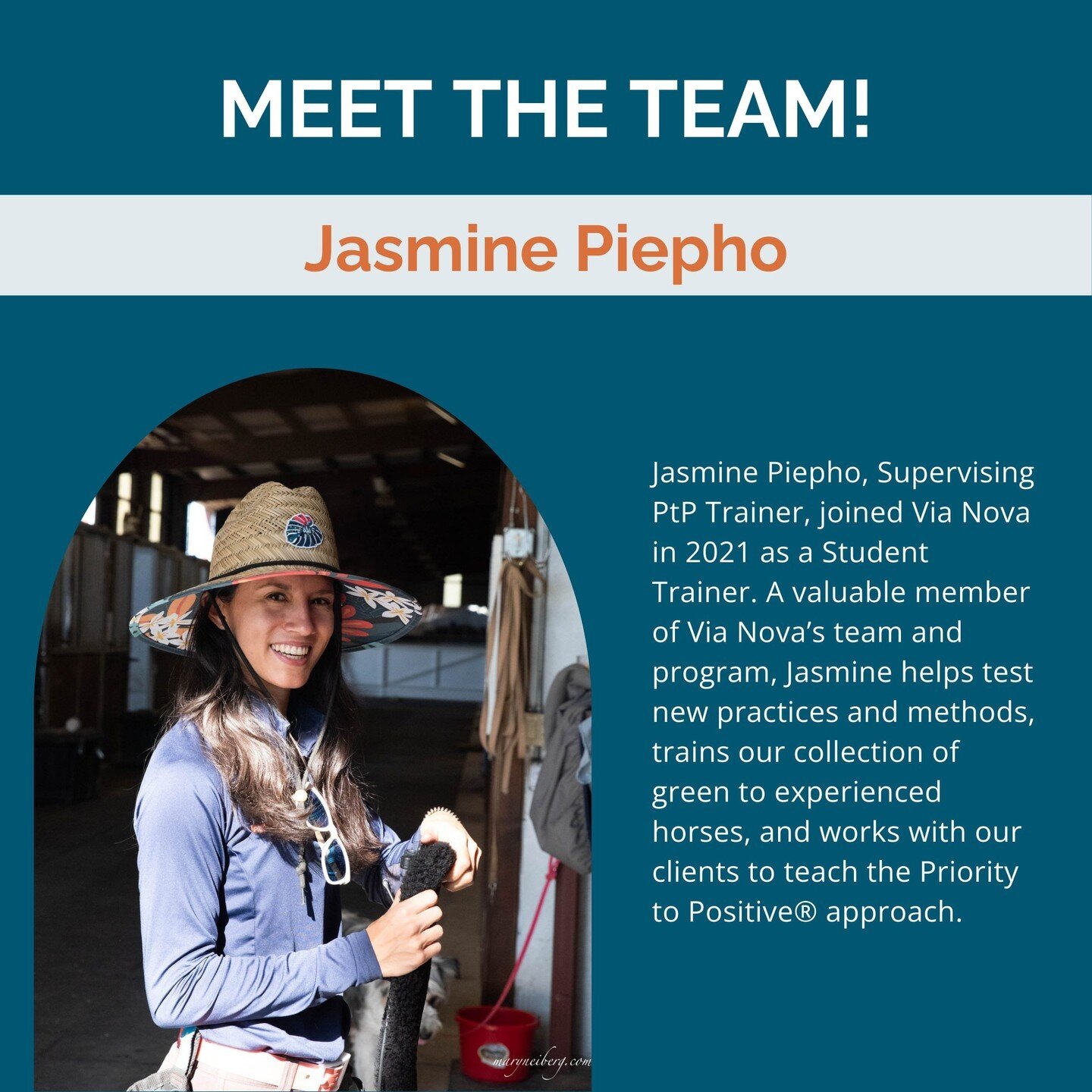 Meet the Via Nova Trainers! First up, Jasmine...

Jasmine Piepho, Priority to Positive&reg; Program Supervisor, joined Via Nova in 2021. Jasmine oversees the PtP Assistant Trainer program and supports the growth of our Assistant Trainers. She applies