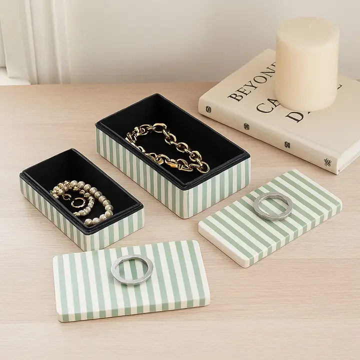 Green & White Resin Stripe Decorative Box Large with Handles