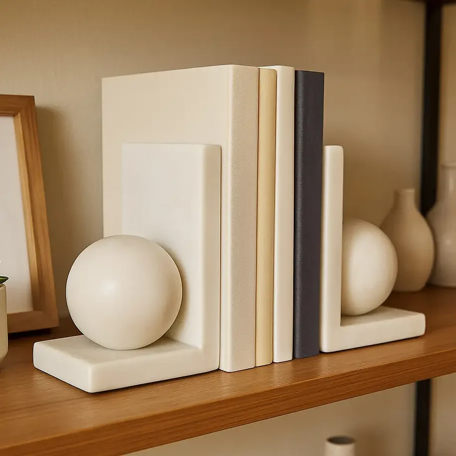 Set of 2 White Marble Bookend Orbs