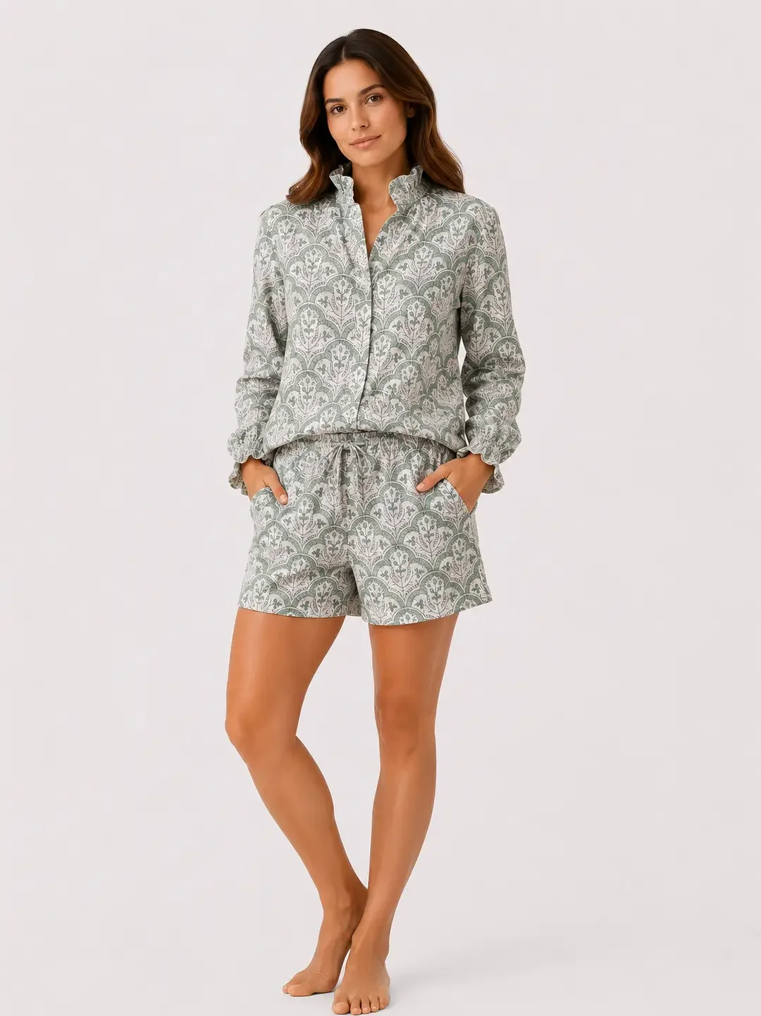 Green Medallion Block Print Women's Button Up Ruffled Set