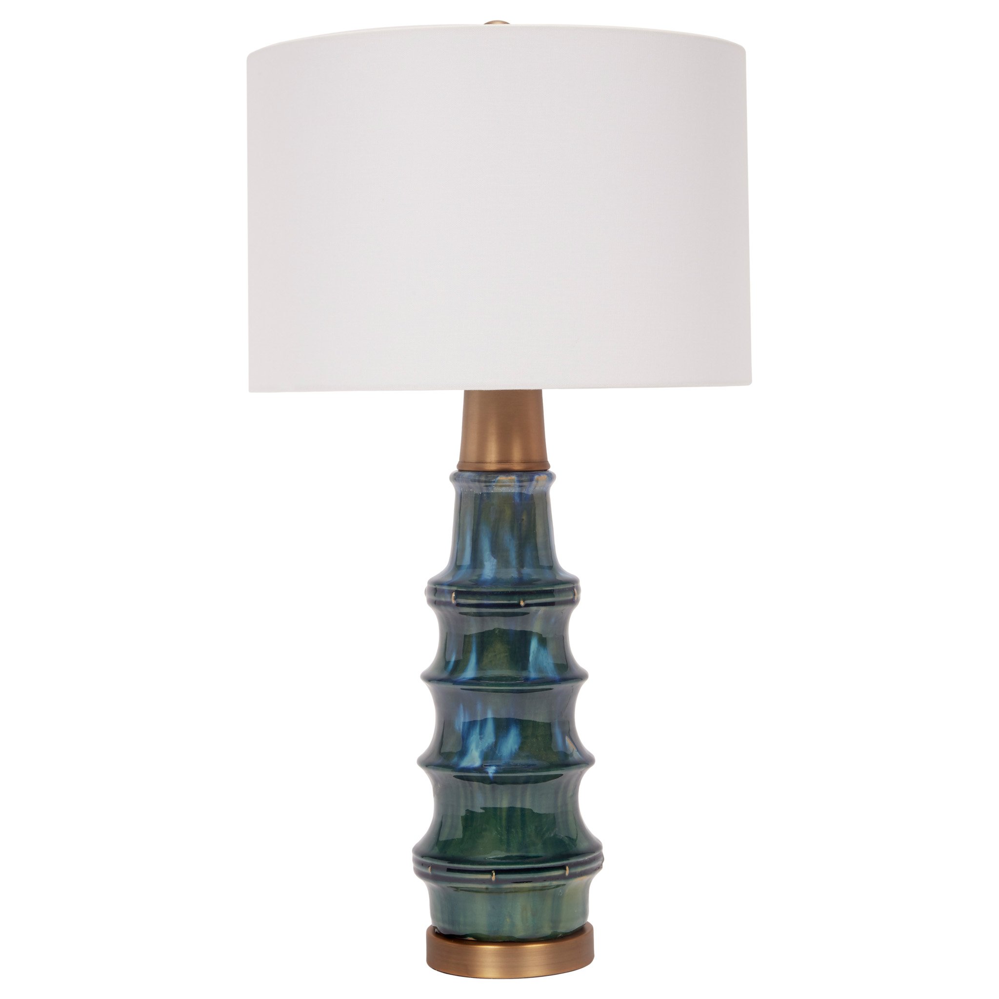 Peacock Green Ceramic Lamp with Brass Accents & White Shade