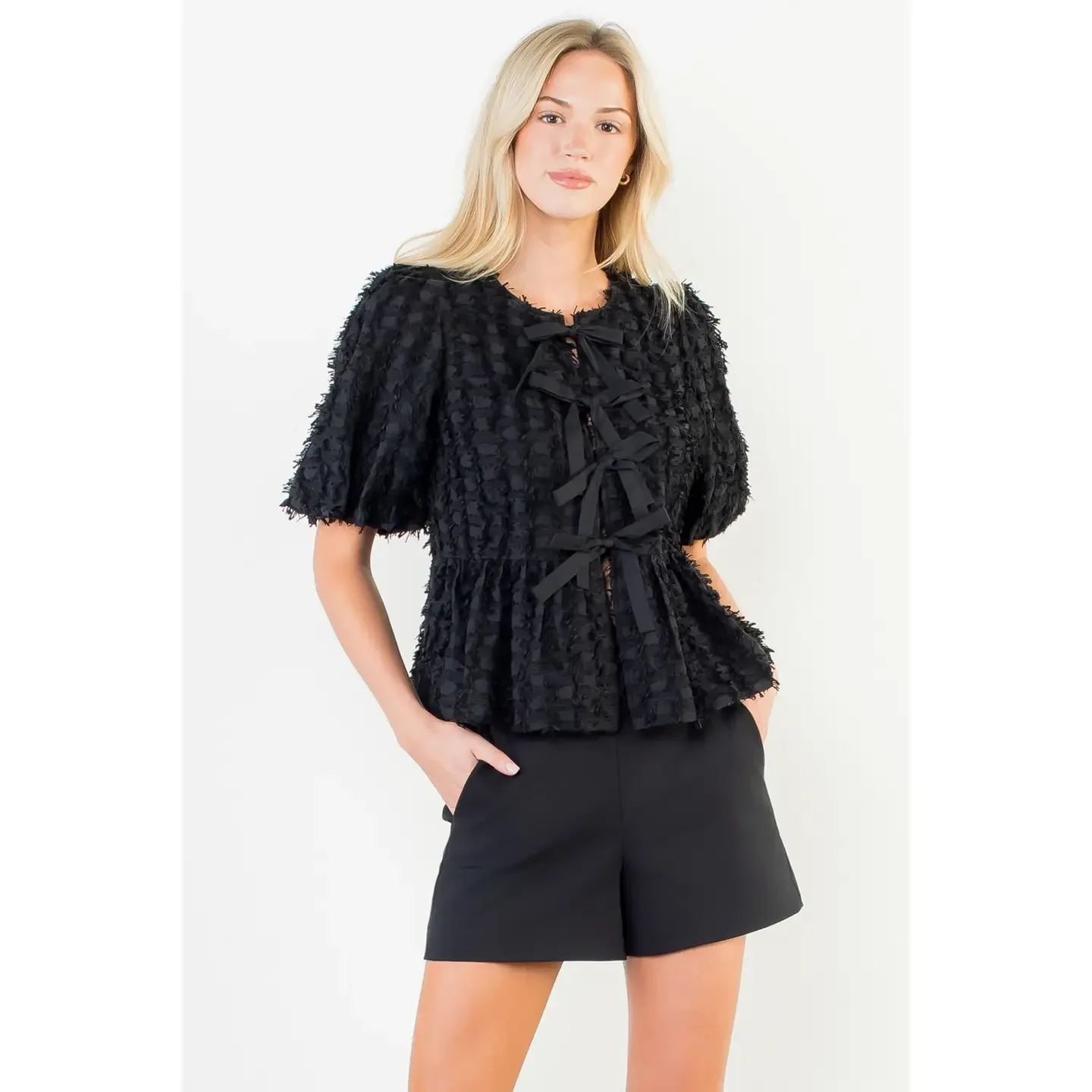 Fringe Texture Tie Front Puff Sleeve