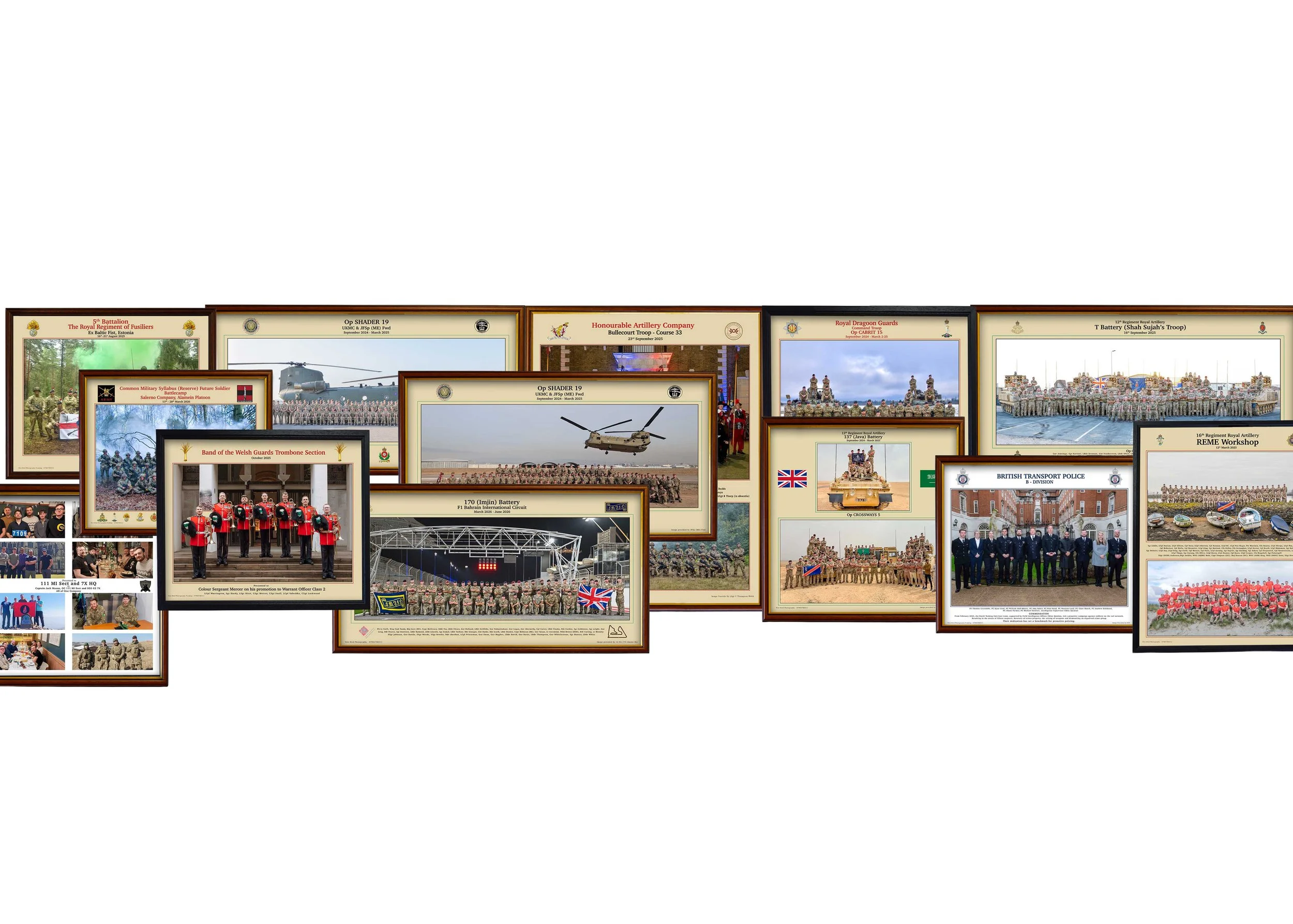 A collage of framed military and parade photographs and posters, showing soldiers, tanks, helicopters, and military ceremonies.
