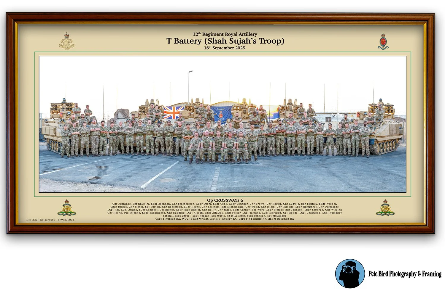 Group of soldiers standing in front of tanks, holding flags, with text indicating they are part of the 12th Regiment Royal Artillery T Battery Shah Sujah’s Troop, dated September 16, 2025.