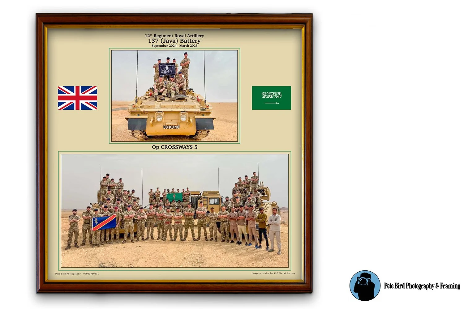 A framed military photo display showing soldiers from the 12th Regiment Royal Artillery 137 (Java) Battery with British and Saudi flags, with two group photos of soldiers in desert terrain, some soldiers standing on armored vehicles.