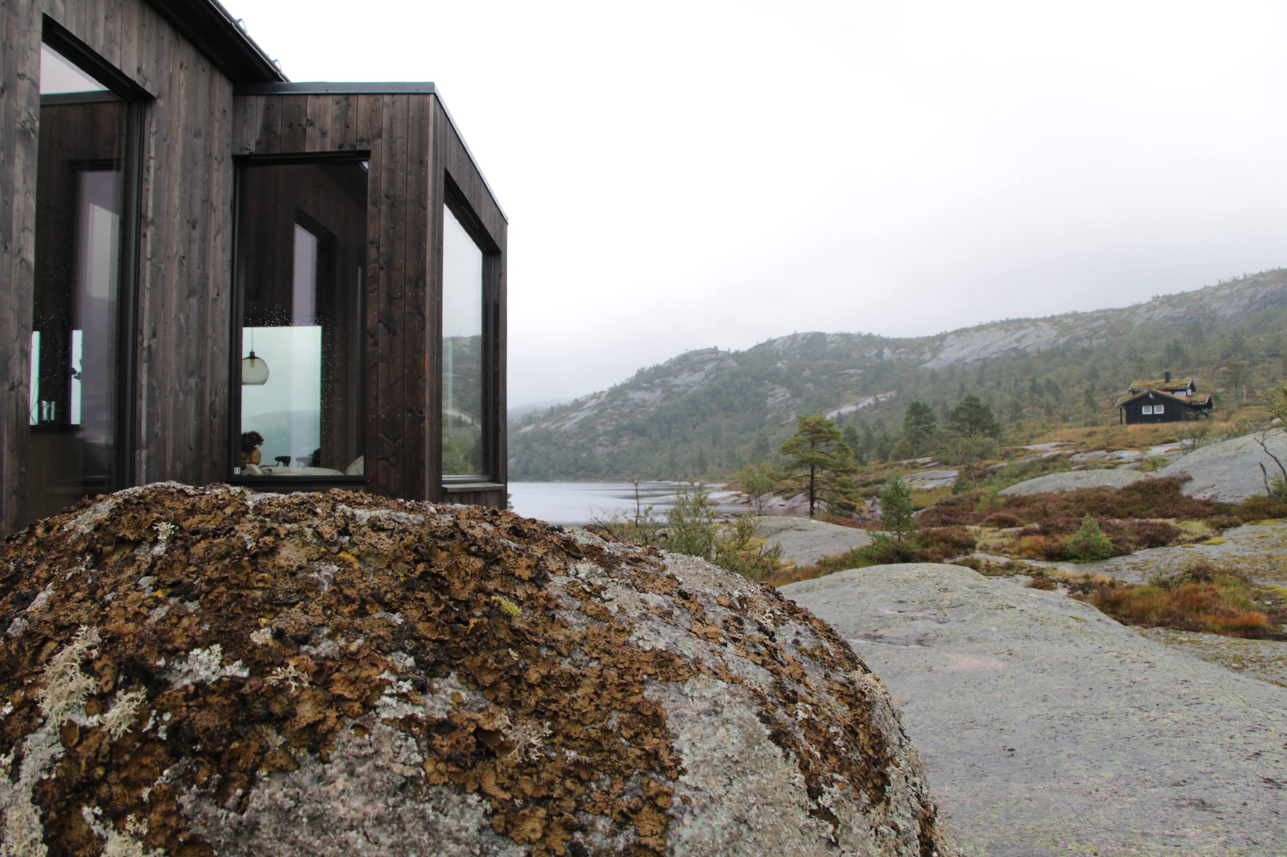 Fjellborg hytte - Et moderne svart trehus med store glassvinduer som vender ut mot et steinete landskap med spredte trær og fjell i bakgrunnen, på en overskyet dag.