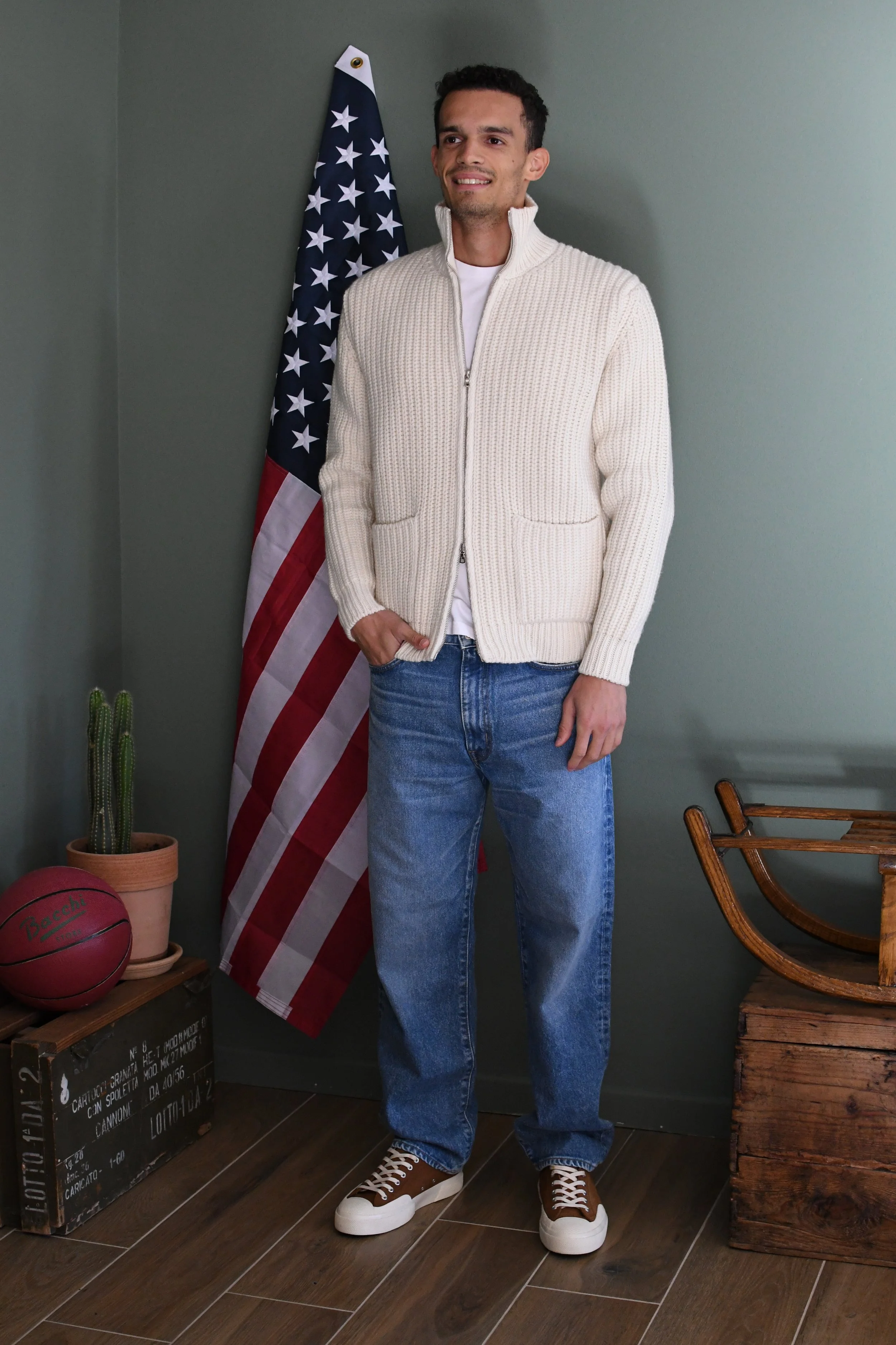 Full zip Original Vintage Style manica lunga tinta unita in lana.