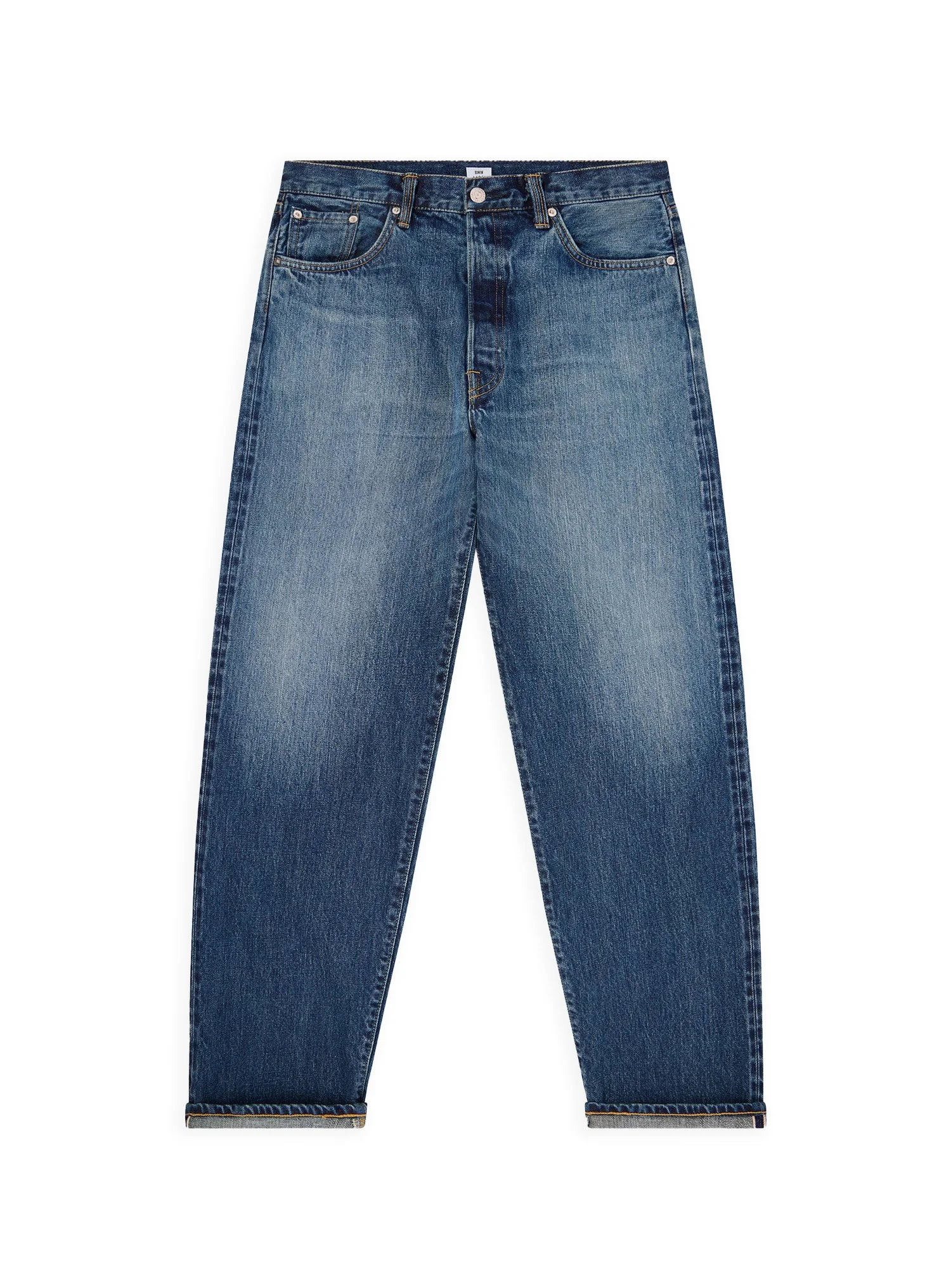 Denim Edwin effetto lavato tinta unita con cimosa rainbow. Edwin è un marchio di denim dove risaltano l'artigianalità e la competenza giapponese.