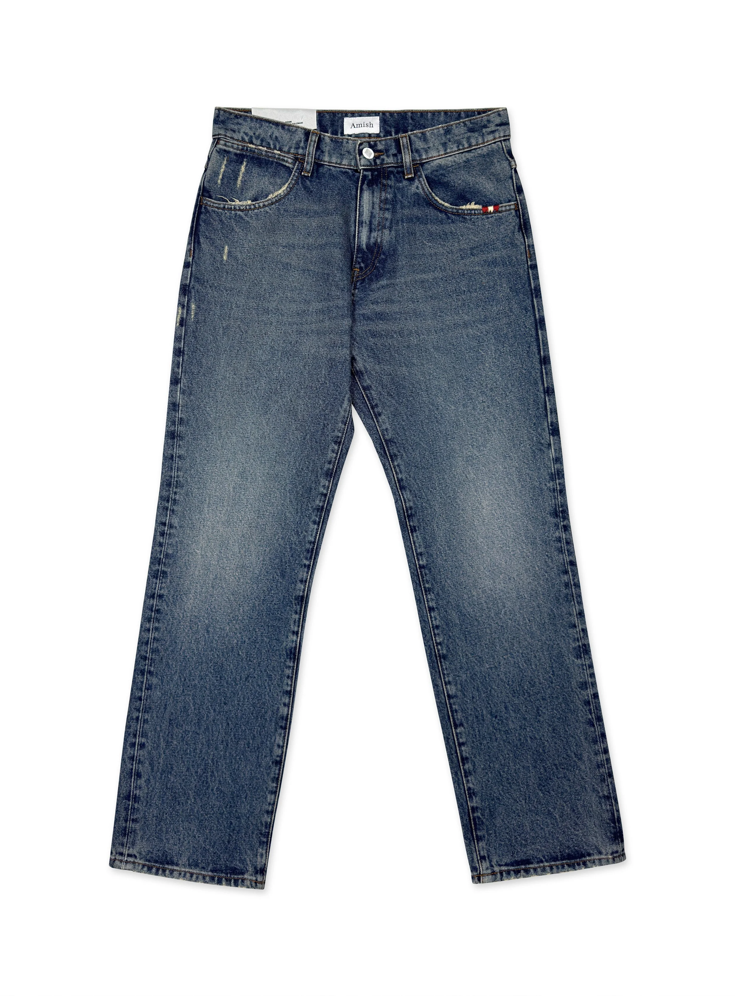 Jeans Amish tela con lavaggio medio e fondo dritto. Un denim moderno con una vestibilità comoda ideale da abbinare ad una scarpa bassa.