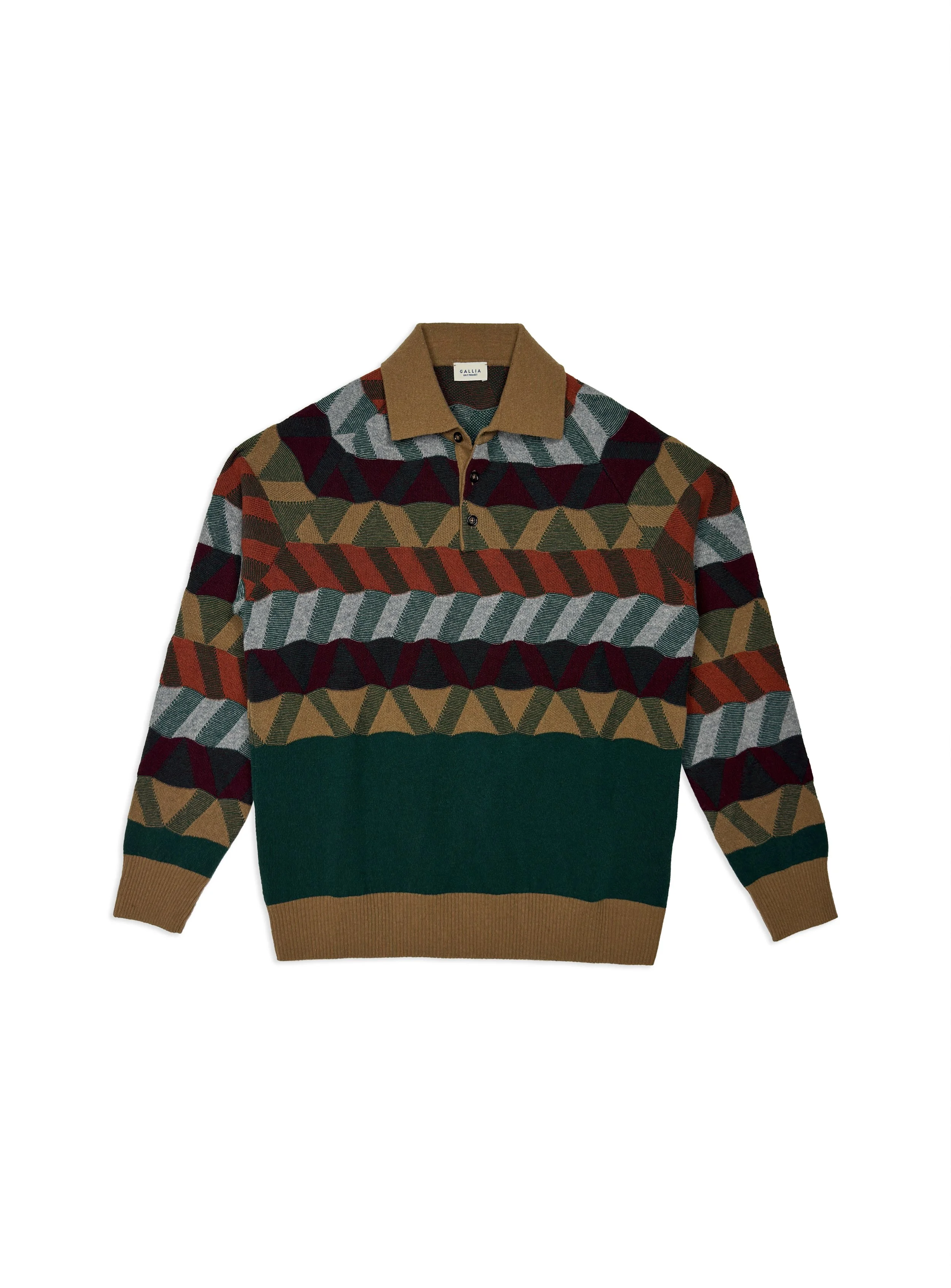 Polo Gallia a fantasia in calda e morbida lana intarsiata a contrasto. Maglia di ispirazione vintage.