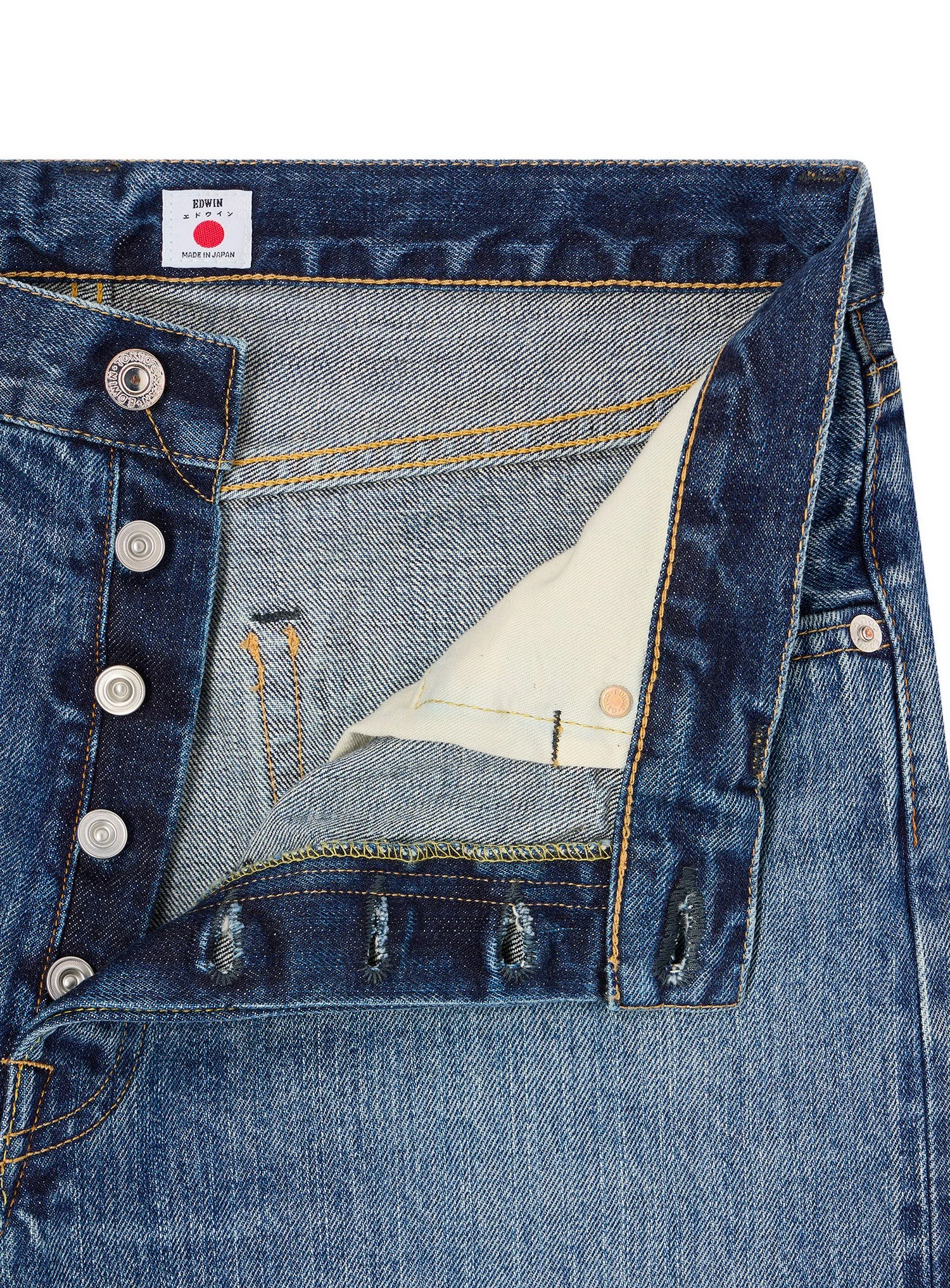 Denim Edwin effetto lavato tinta unita con cimosa rainbow. Edwin è un marchio di denim dove risaltano l'artigianalità e la competenza giapponese.