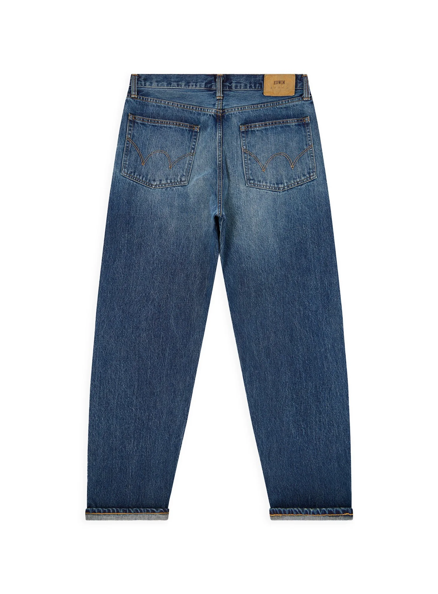 Denim Edwin effetto lavato tinta unita con cimosa rainbow. Edwin è un marchio di denim dove risaltano l'artigianalità e la competenza giapponese.