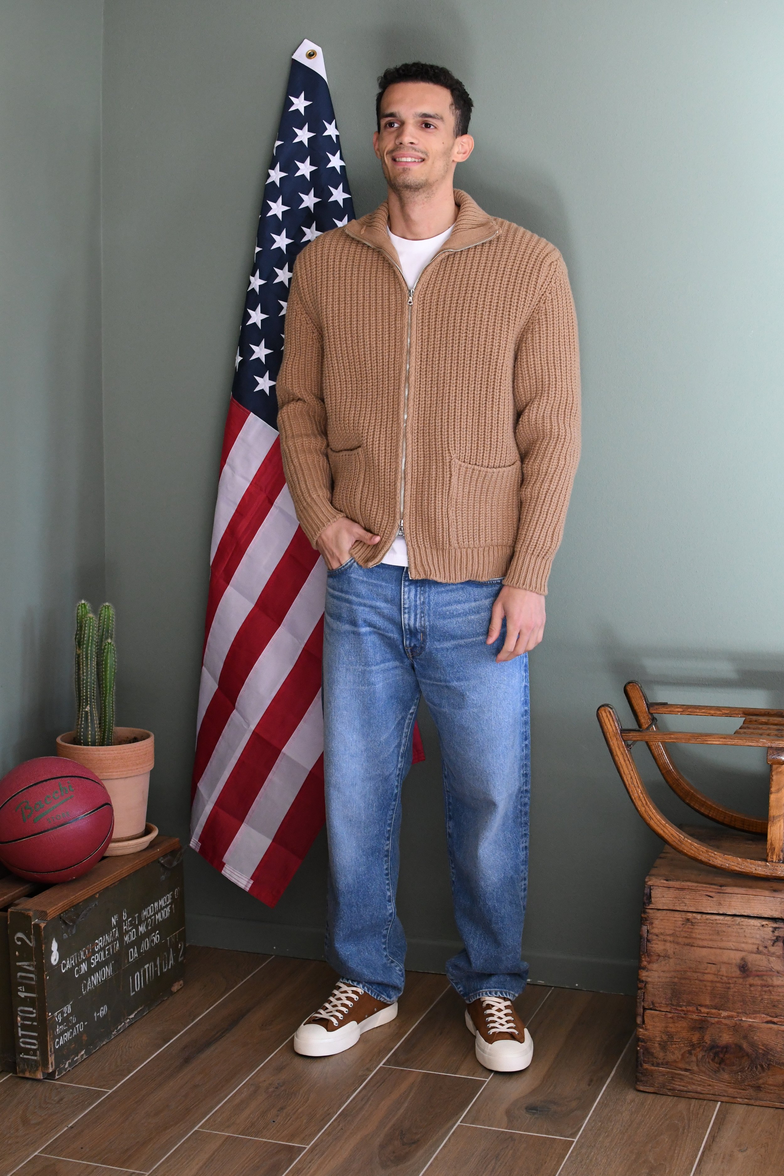 Full zip Original Vintage Style manica lunga tinta unita in lana.