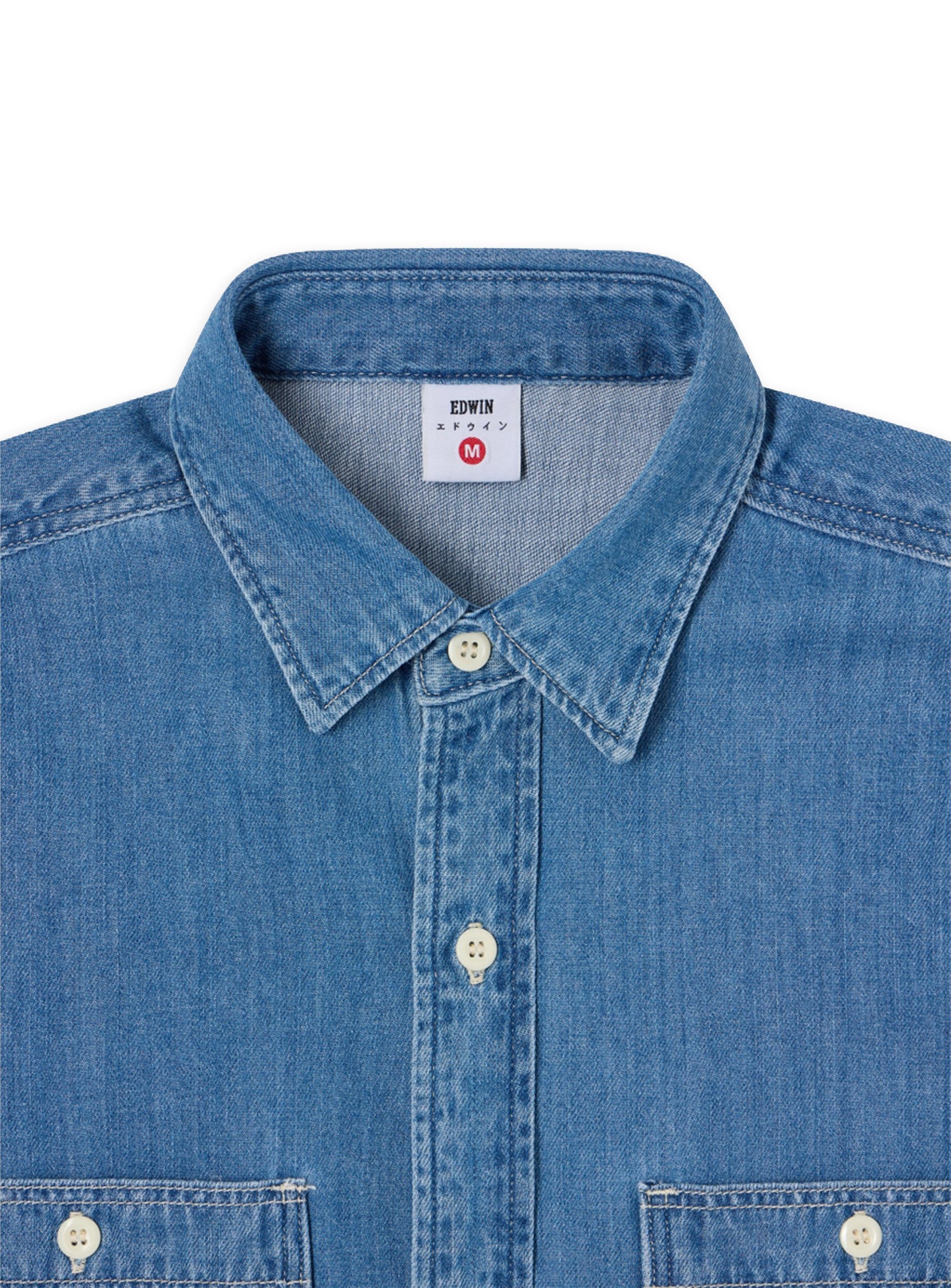Camicia Edwin work tinta unita a maniche lunghe. Tessuto denim effetto lavato.