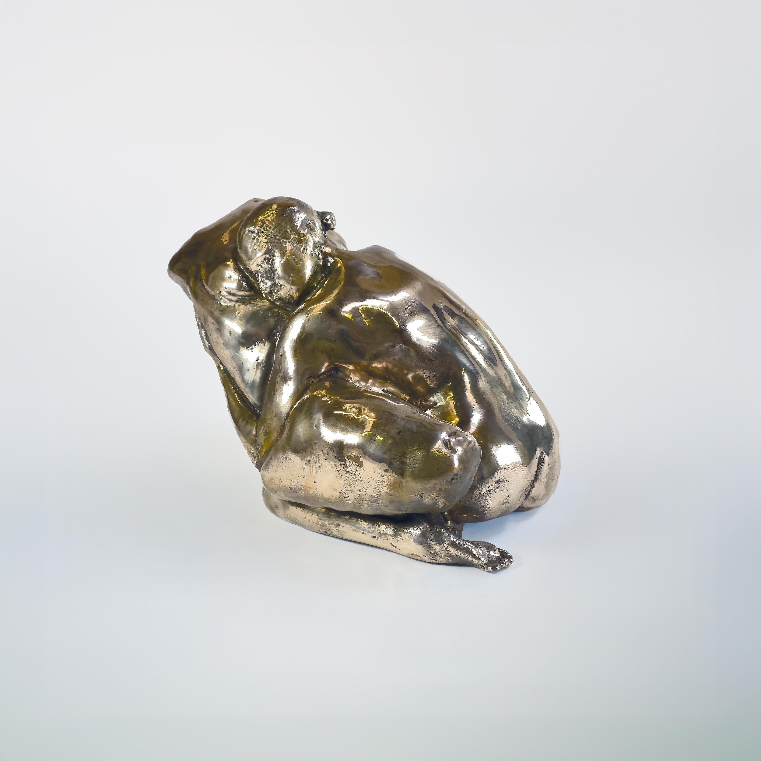 A metallic sculpture of a curled-up frog, shiny and reflective, placed on a plain white background.