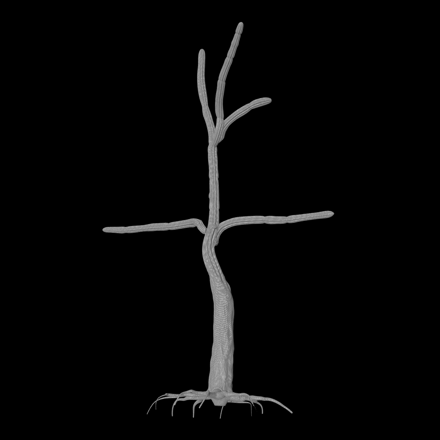 3D wireframe model of a tree with multiple branches, set against a black background.