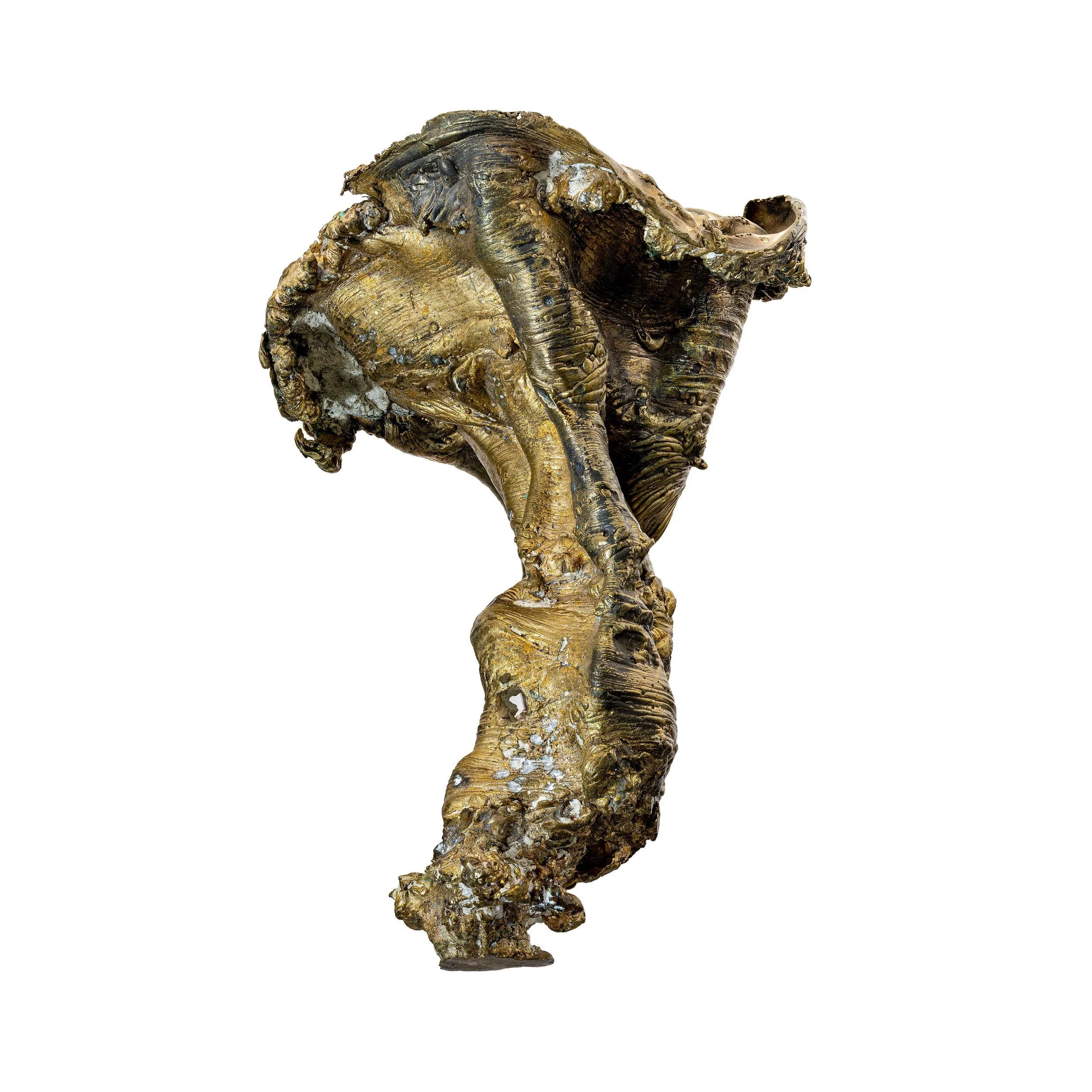 Ancient gold and silver artifact resembling an elephant's head with a long trunk, crafted with intricate details.
