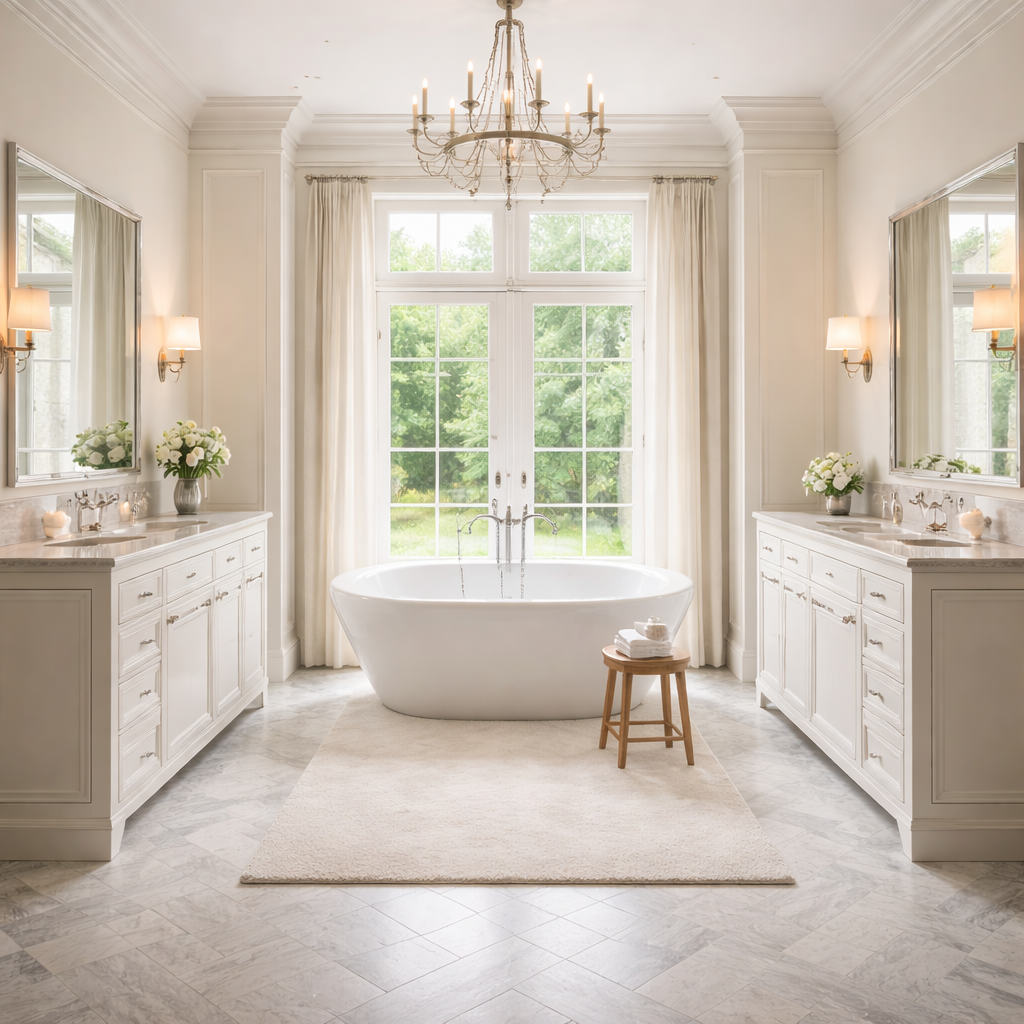 Ein elegantes Badezimmer mit einer freistehenden Badewanne vor großen Fenstern, weiße Fliesen, zwei weiße Waschtische mit Spiegeln, Blumenvasen und einem Kronleuchter.