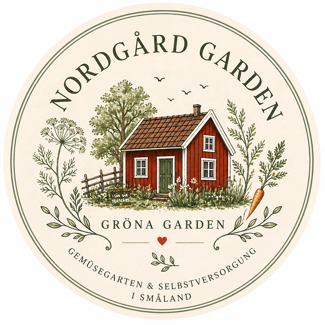 Ein runder Etikett mit einem Illustration eines roten Hauses mit grüner Tür, umgeben von Bäumen, Blumen und kleinen Vögeln. Text: 'NORDGÅRD GARDEN', 'GRÖNA GARDEN', 'Gemüsegarten & Selbstversorgung in Småland', mit kleinem Herz und botanischen Elementen.