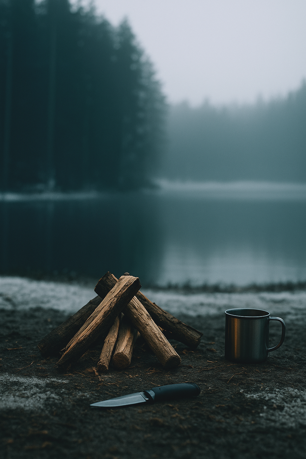Ein Lagerfeuer mit Holzscheiten, einer schwarzen Tasse und einem Messer vor einem ruhigen, nebelverhangenen See in einer bewaldeten Gegend.