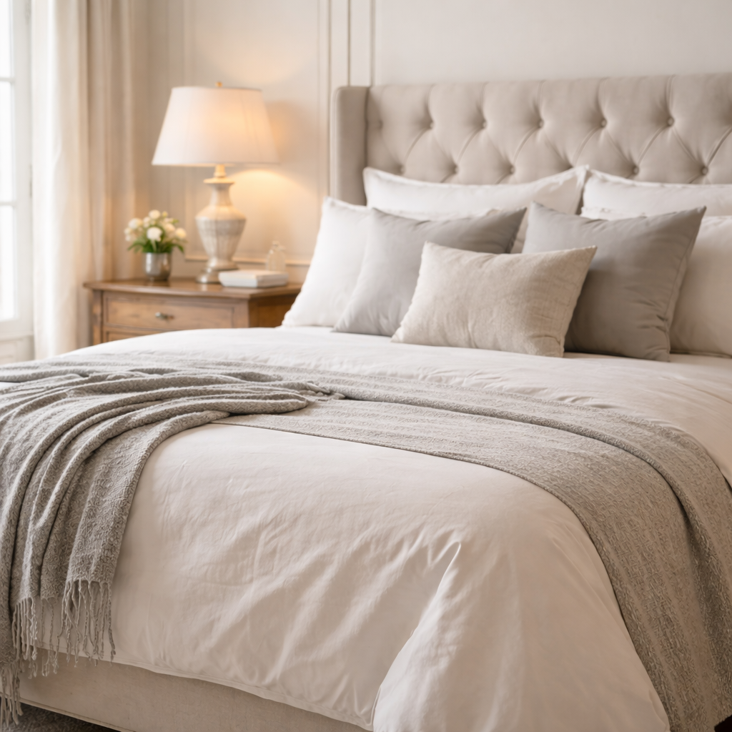 Ein ordentliches Bett mit weißen Laken, mehreren Kissen, einem beigefarbenen Kissen, einer Decke und einer Tagesdecke. Im Hintergrund ein Nachttisch mit Lampe, Blumen und einem Buch.