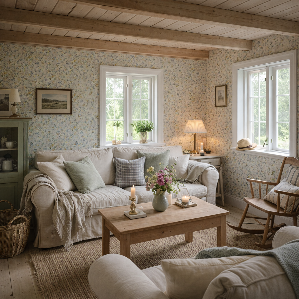 Gemütliches Wohnzimmer mit weißen Sofas, Kissen, einem Holztisch mit Blumen, Kerzen, einem Stehlampe, zwei großen Fenstern und einem Holzdeckenacht.