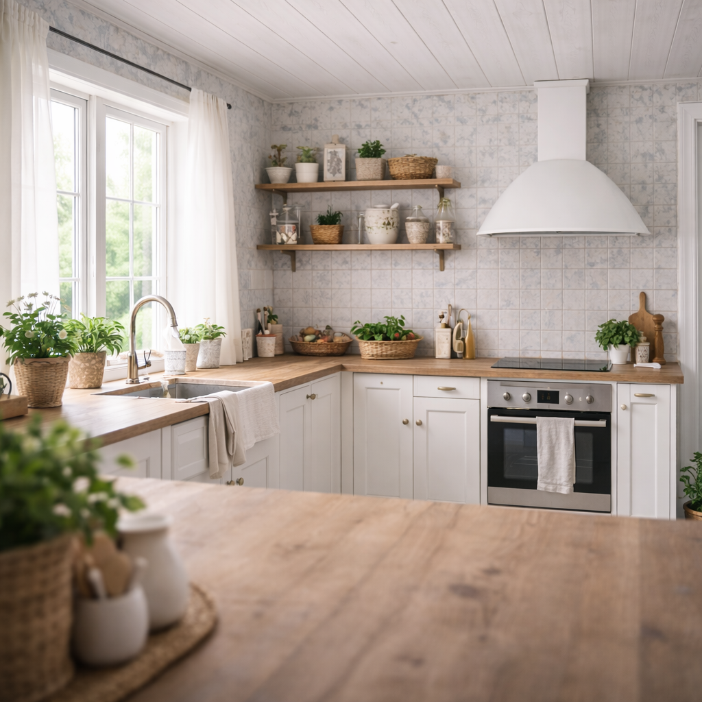 Helle Küche mit weißen Schränken, Holztischen und offenen Regalen mit Geschirr und Pflanzen, große Fenster mit weißen Vorhängen, Küchenarbeitsfläche mit Pflanzen und Küchenutensilien.