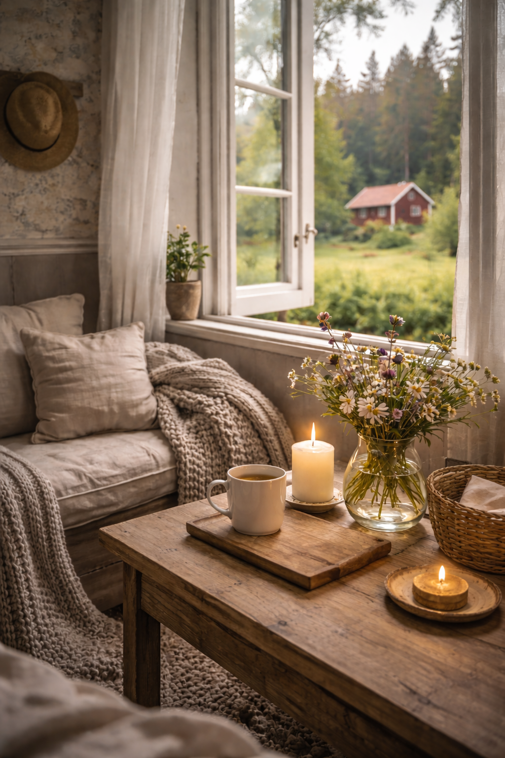 Gemütliches Wohnzimmer mit offenen Fenster, Blumen, Kerzen, Kaffee und Blick aufs Grüne.