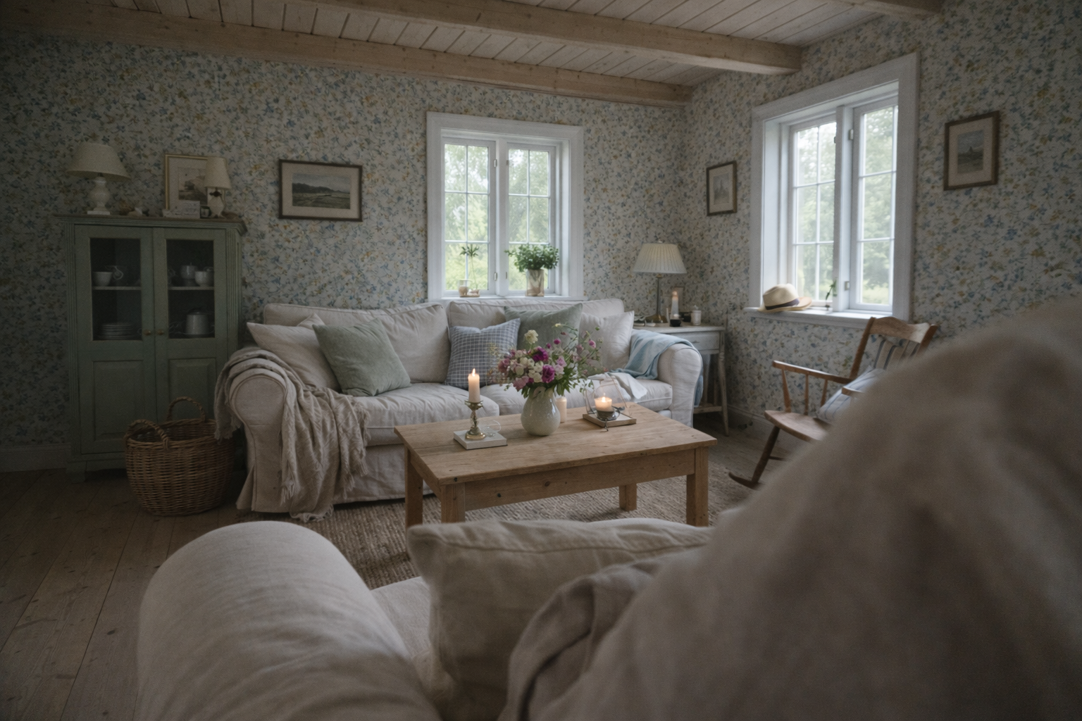 Gemütliches Wohnzimmer mit weißen Sofas, floral dekorierter Wand, Holzdielenboden, großen Fenstern, einem Holztisch mit Blumen und Kerzen, und mehreren Steh- und Tischlampen.