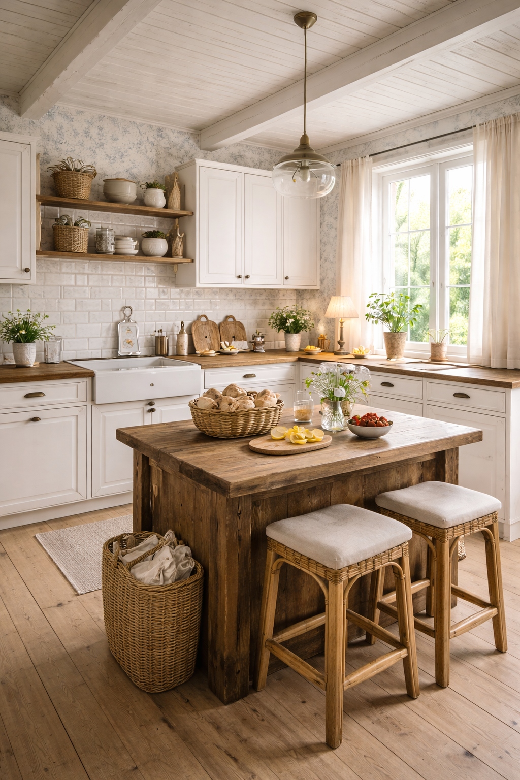 Eine rustikale, helle Landhausküche mit weißen Schränken, Holztisch und -stühlen, Pflanzen und offener Regale mit Keramik- und Korbwaren. Große Fenster lassen viel Licht herein.