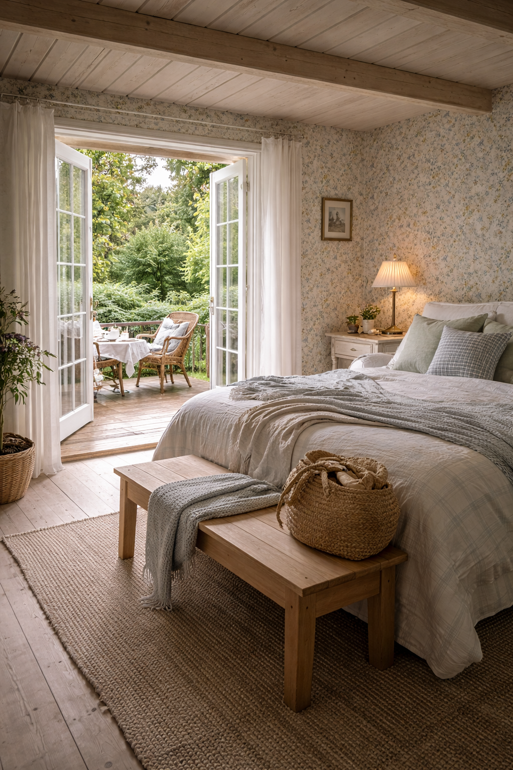 Schlafzimmer mit offener Tür zum Balkon, Blick auf grünen Garten, Bett mit weißen Bettwäsche, Nachttisch mit Lampe, auf dem Balkon sind Gartenmöbel, sowie Bäume und Pflanzen im Hintergrund.