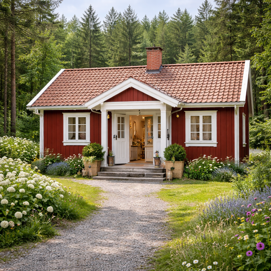 Ein rotes Einfamilienhaus mit weißer Veranda, umgeben von blühendem Garten und umgeben von Bäumen im Grünen.