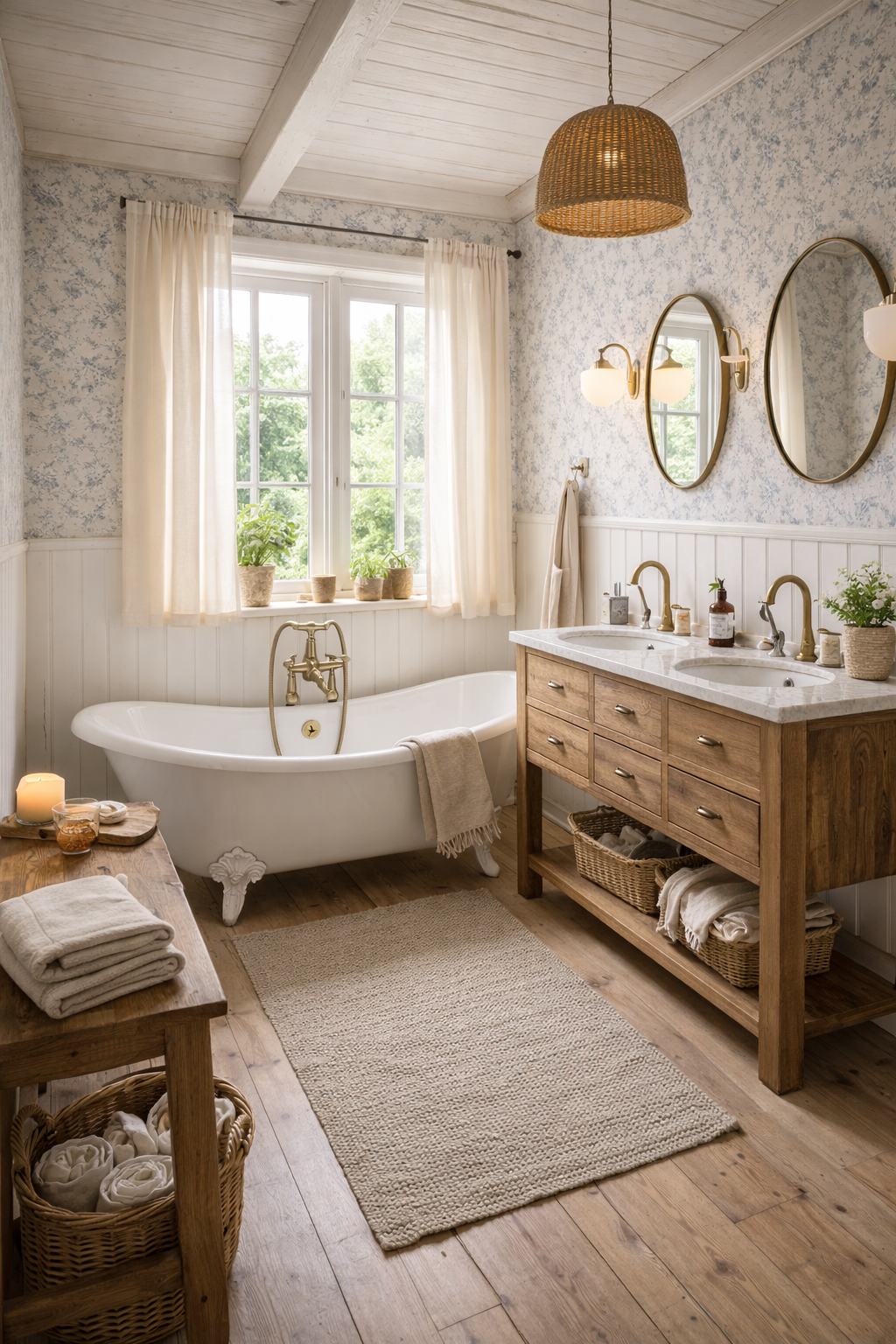 Ein gemütliches Badezimmer mit einer weißen freistehenden Badewanne, Holzfußboden, einer Holzkonsole mit Doppelwaschbecken, sechs mittelgroßen Schubladen und einer Ablage darunter, zwei runde Spiegel, Wandlampen, einer Fenster mit weißen Vorhängen, mehreren Pflanzen auf der Fensterbank, einer beige Fußmatte, einem Wickeltisch mit Handtüchern, Kerzen und dekorativen Gegenständen, sowie einem Regal mit Handtüchern und Korb.
