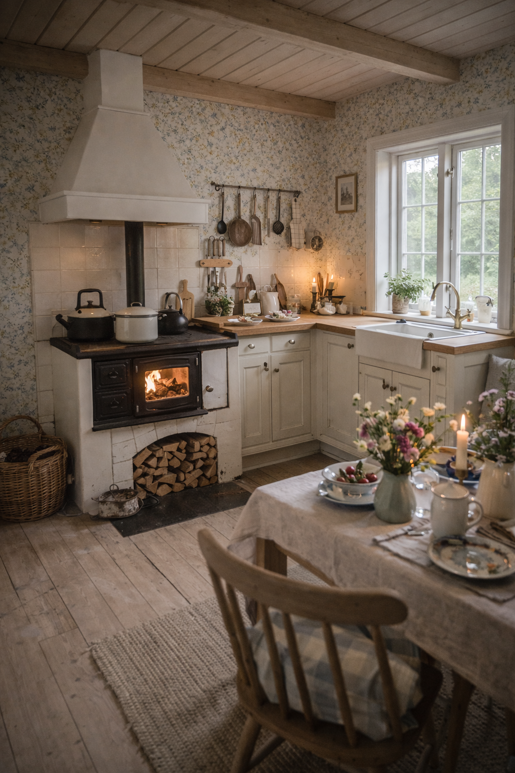 Gemütliche, rustikale Küche mit Holzdecken, Kamin mit laufendem Feuer, weiße Küchenmöbel, Fenster mit Blick auf Natur, gedeckter Tisch mit Blumen und Kerzen.