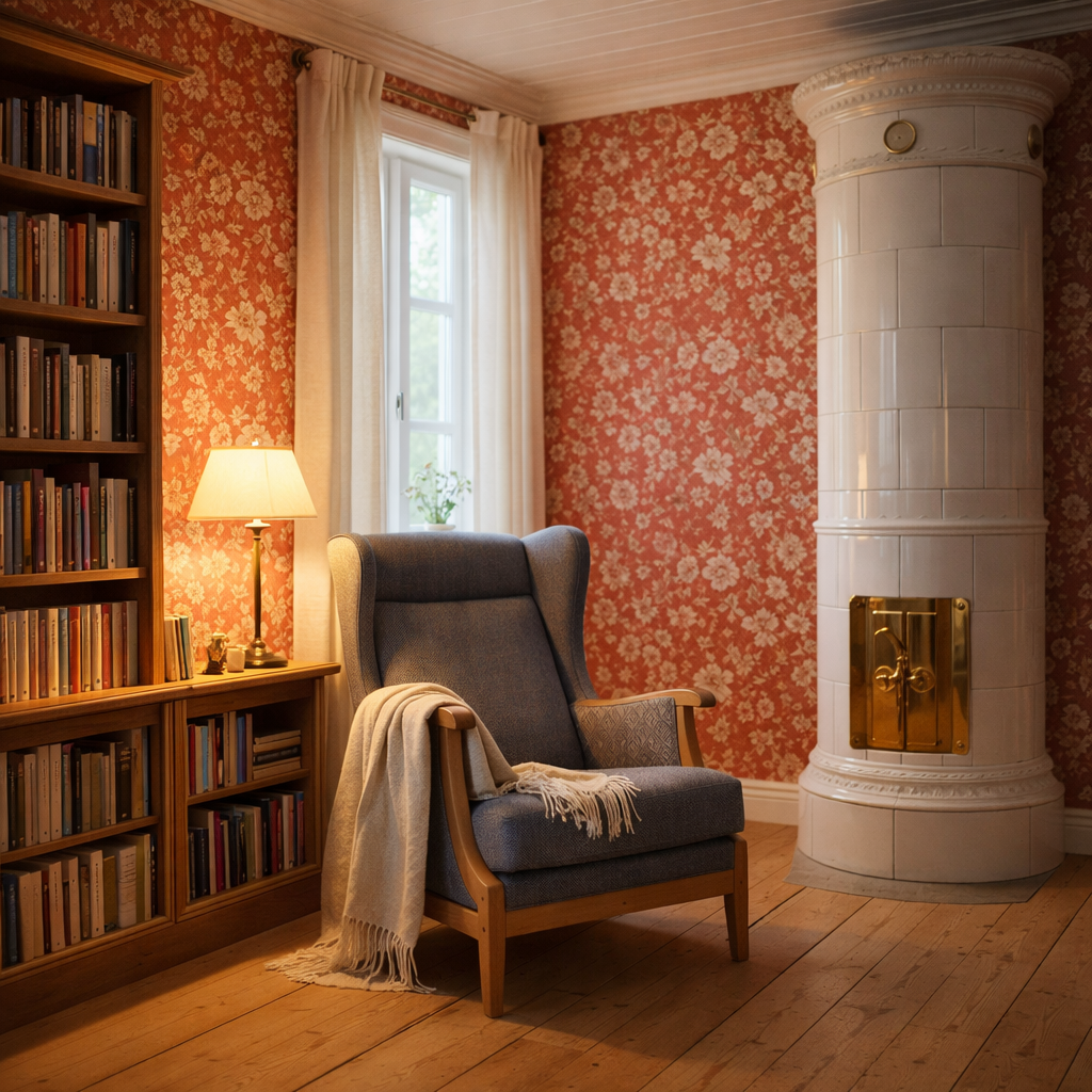 Gemütliches Wohnzimmer mit Bücherregal, Stehlampe, einem großen Armchair mit Decke, einem Fenster mit weißen Vorhängen und einem weißen keramischen Ofen.