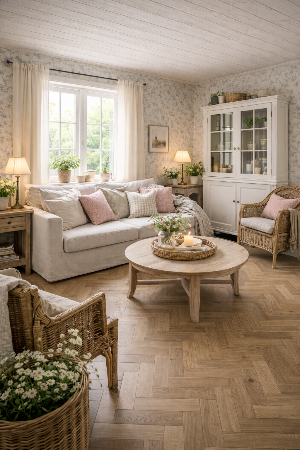 Gemütliches Wohnzimmer mit Sofa, Kissen, Couchtisch, Kerzen, Pflanzen, Weißer Vitrine und Wicker-Möbeln in hellem Dekor.