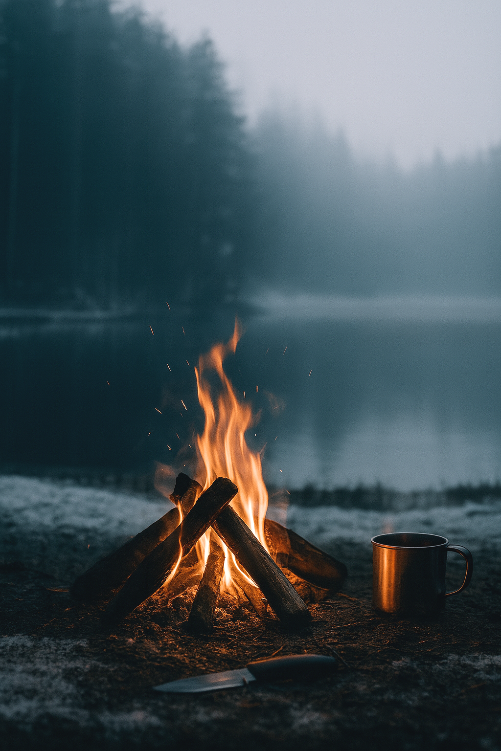Ein Lagerfeuer am Ufer eines Sees im Nebel, mit einem schwarzen Kaffeebecher und einem Messer neben dem Feuer.