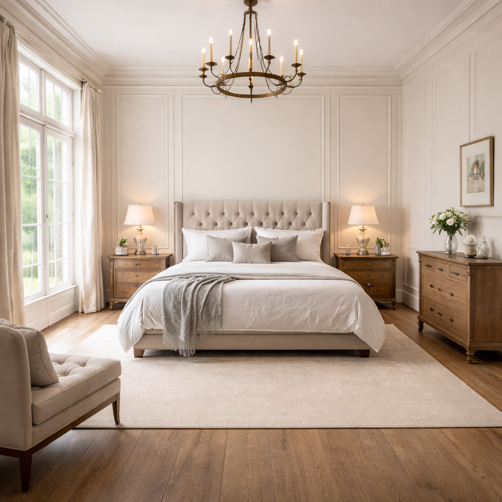Ein elegant eingerichtetes Schlafzimmer mit einem großen weiß bett, seitlichen Nachttischen mit Lampen, einem Beistelltisch mit Blumen, einem bequemen Sessel, großen Fenstern mit weißen Vorhängen, Holzboden und einer Deckenleuchte.