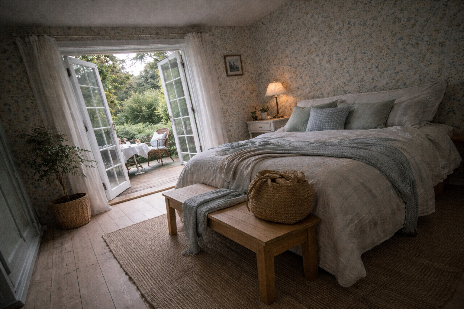 Ein gemütliches Schlafzimmer mit einem großen Bett, ein Nachttisch mit Lampe, offene Türen zum Balkon mit Gartenblick und einer kleinen Terrasse im Freien.
