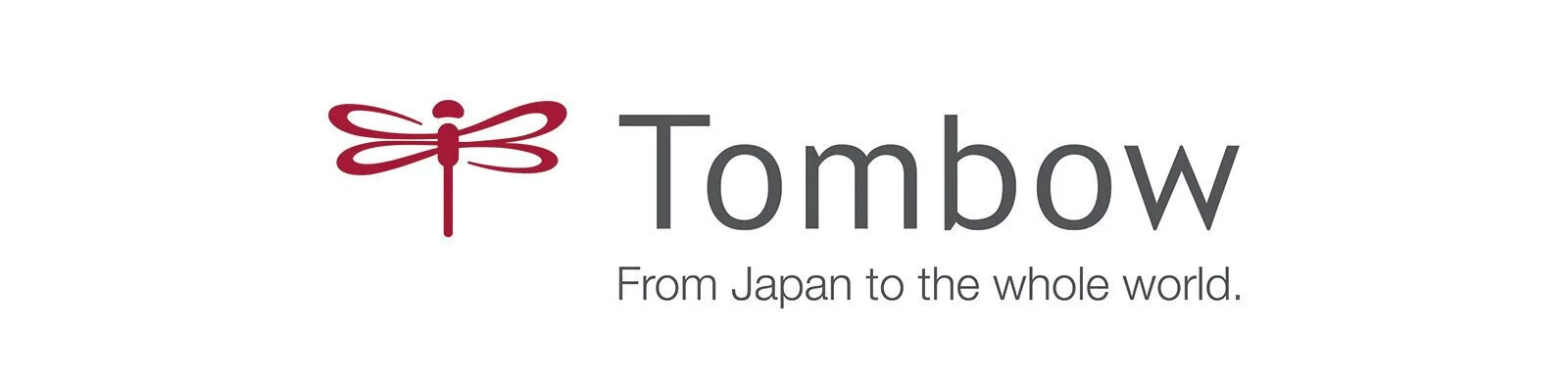 Logo mit einer roten Drachenfliege und dem Text "Tombow" sowie dem Slogan "From Japan to the whole world."