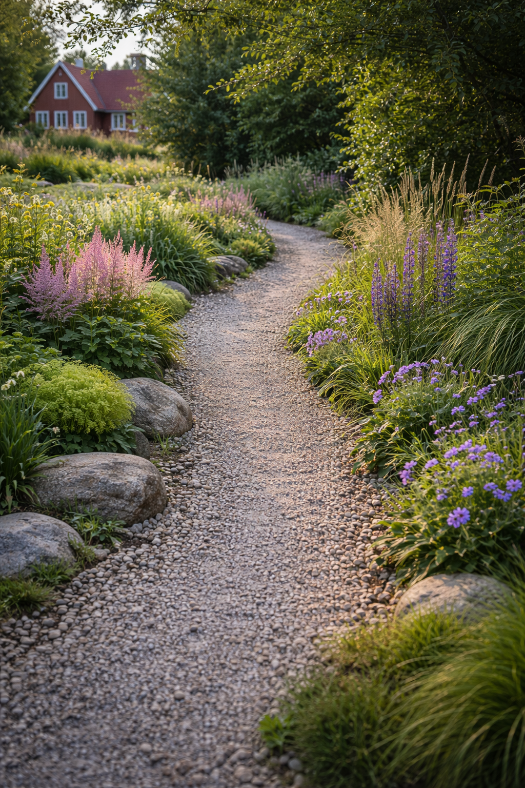Ein schmaler Kiesweg, gesäumt von bunten Blumen und großen Steinen, führt zu einem roten Haus im Hintergrund, umgeben von grünen Bäumen und strahlendem Sonnenlicht.