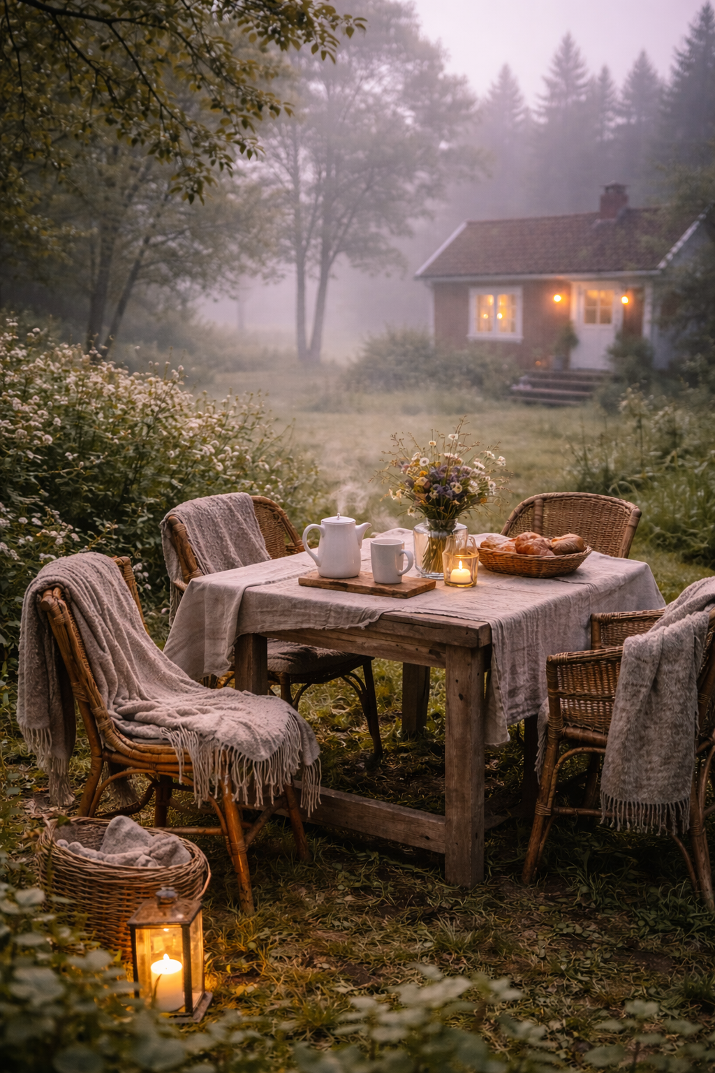 Ein gemütlicher Garten mit einem Holztisch, der mit einer weißen Tischdecke bedeckt ist, umgeben von vier Stühlen mit Decken. Auf dem Tisch stehen eine Kanne, eine Tasse, ein Glas mit Kerze und eine Vase mit Blumen. Im Vordergrund sitzt eine Laterne mit Kerze, im Hintergrund ein Haus mit beleuchteten Fenstern, umgeben von Bäumen und Pflanzen im Nebel.