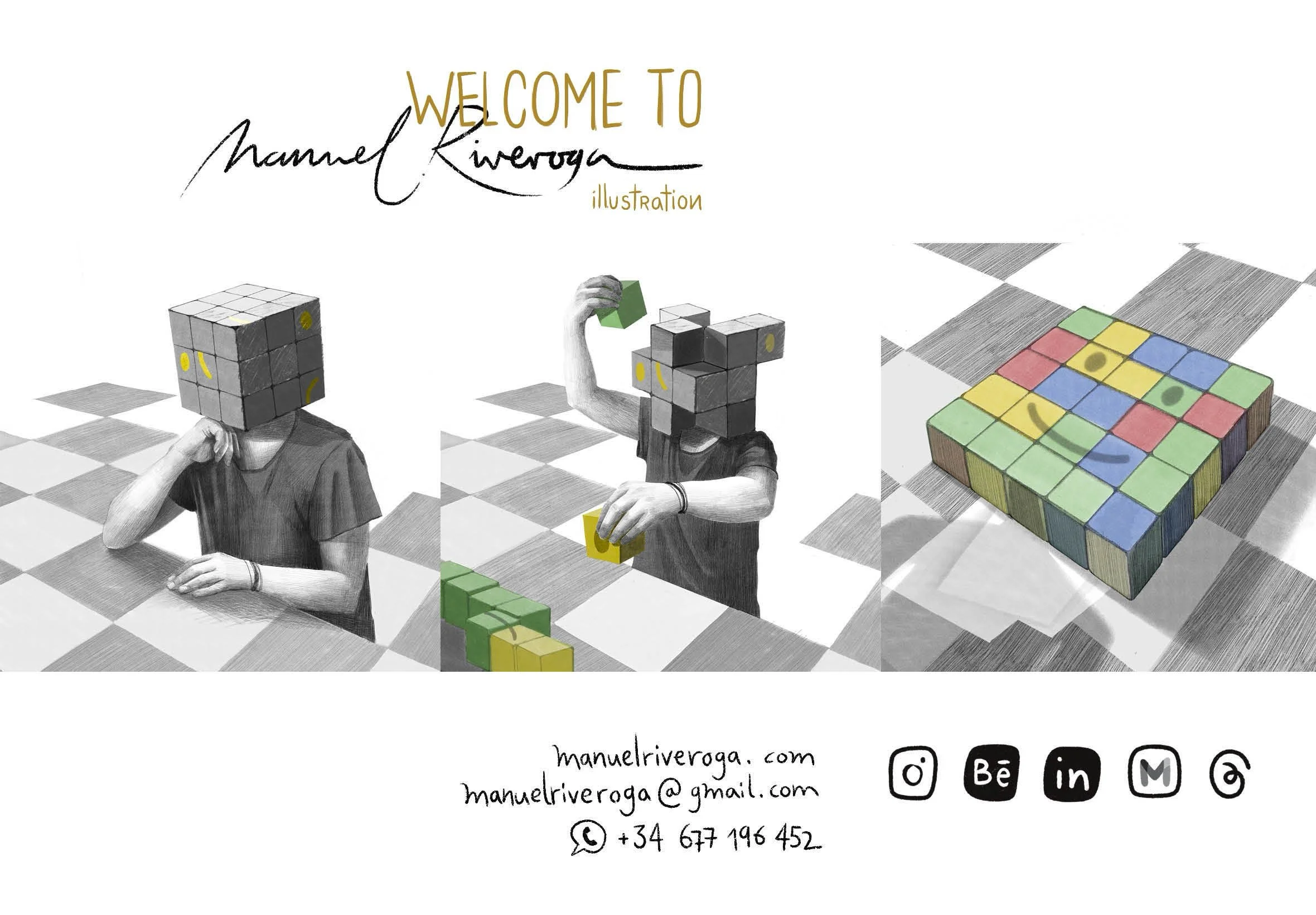 Imagen que muestra a dos personas con cabezas en forma de cubo Rubik, una de ellas con una cabeza desordenada y la otra con una cabeza en construcción. Procede a reubicar su cabeza para, en la última imagen ver a una persona contenta.