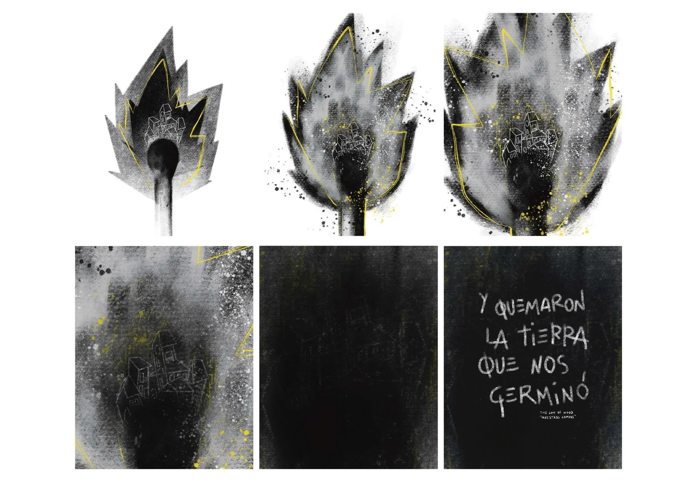 Seis cuadros que muestran una llama con detalles gráficos, algunos con fondo negro y salpicaduras de pintura, y uno con texto en español que dice 'Y quemaron la tierra que nos germinó'.
