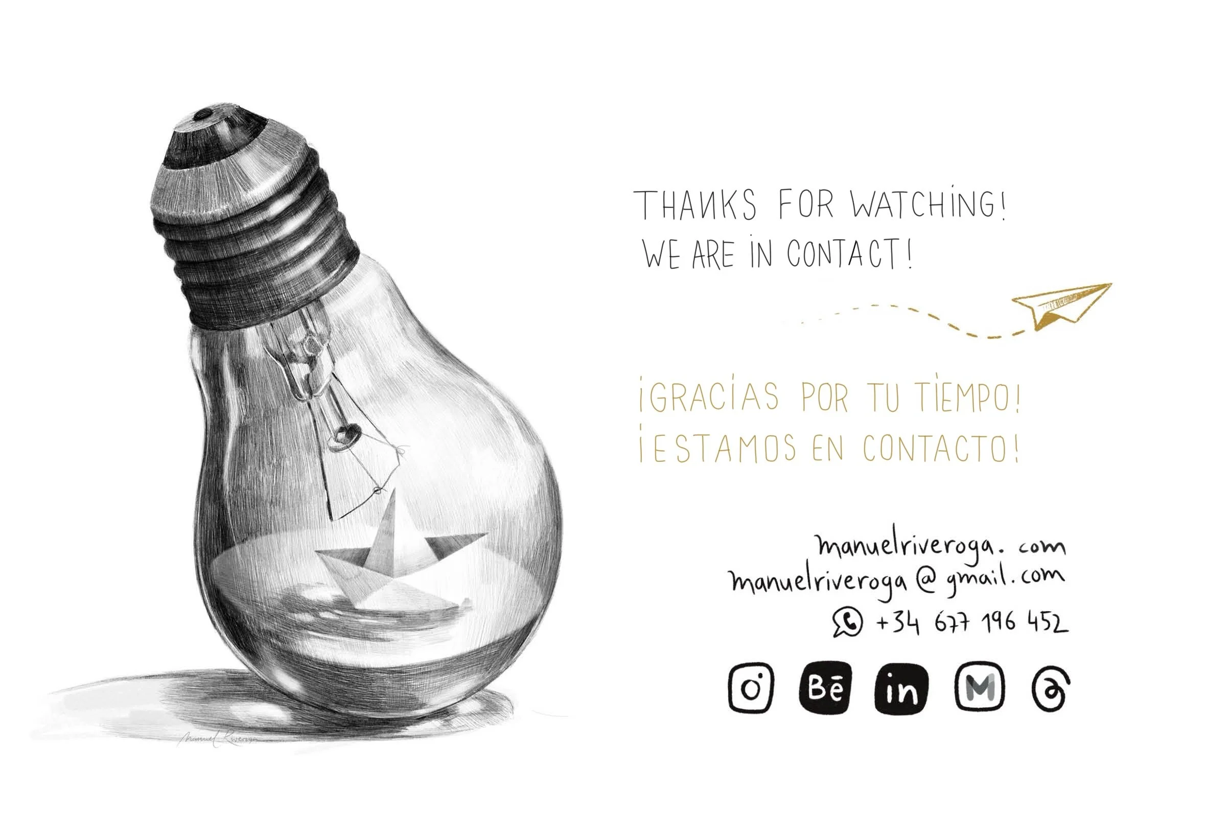 Gracias por tu tiempo y estamos en contacto. Incluye dirección web, correo electrónico, número de teléfono, y iconos de redes sociales como Instagram, Behance, LinkedIn, Mail y Google, junto con un dibujo de una bombilla con una lámpara en forma de b