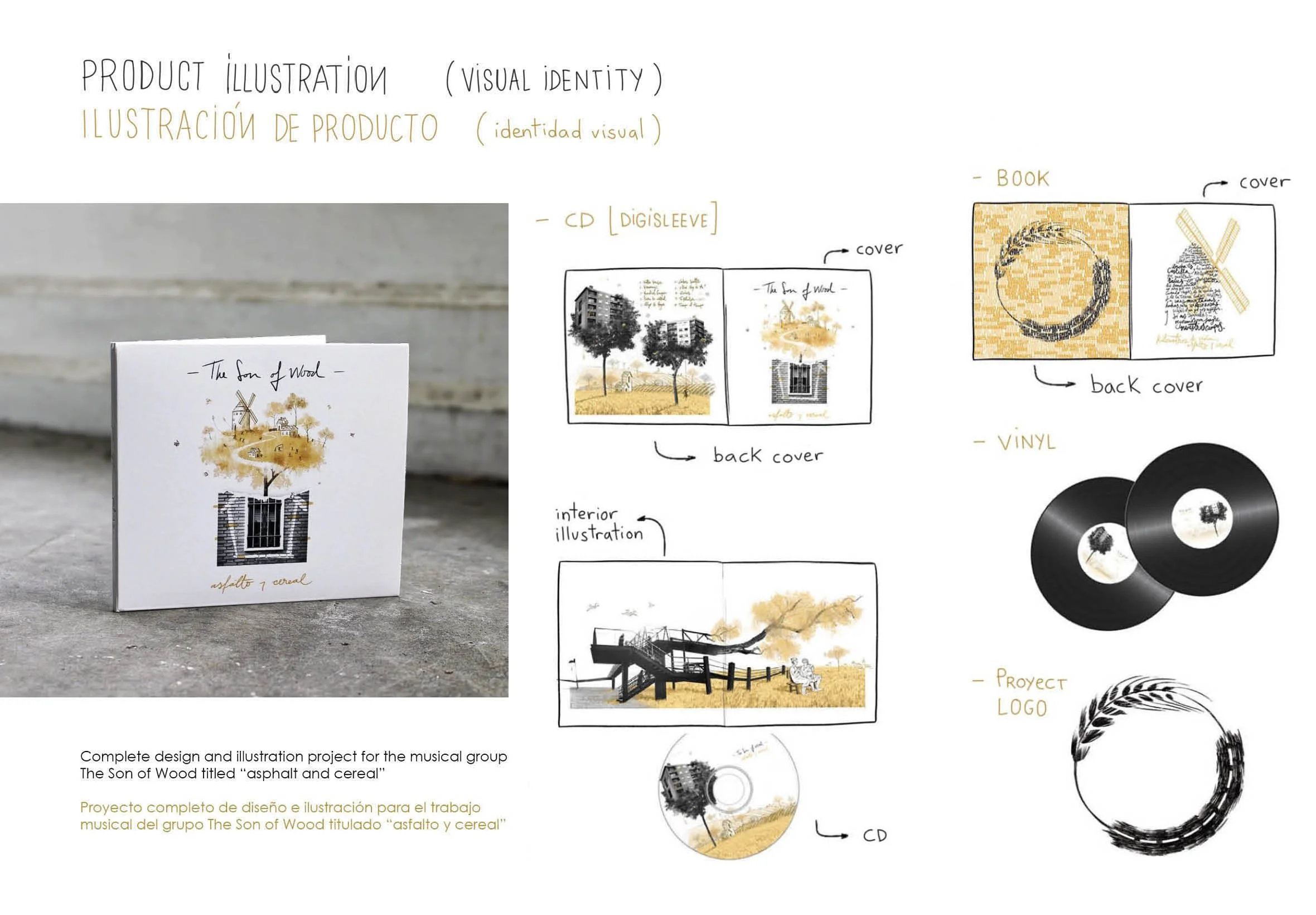 Diseño de proyecto completo para un grupo musical llamado 'The Son of Wood' con ilustraciones y detalles del producto, incluyendo una portada de CD, cubierta trasera, interior y logotipo, en tonos negros, blancos y colores tierra.