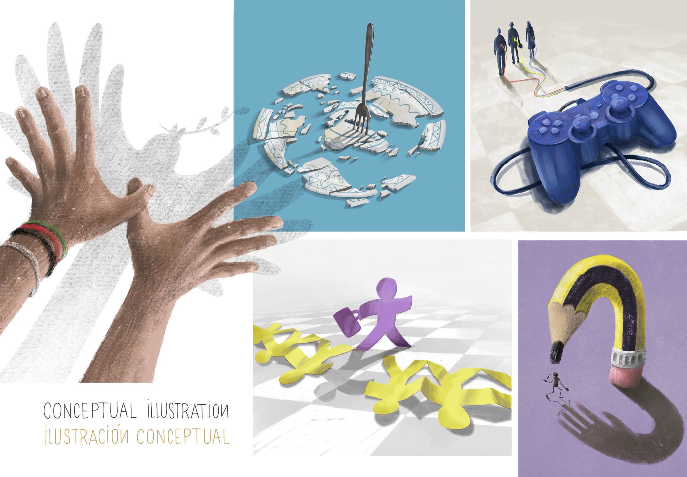 Ilustraciones conceptuales de ideas creativas. C
Se ilustran conceptos complejos como paz, control, intimidación, hambre…