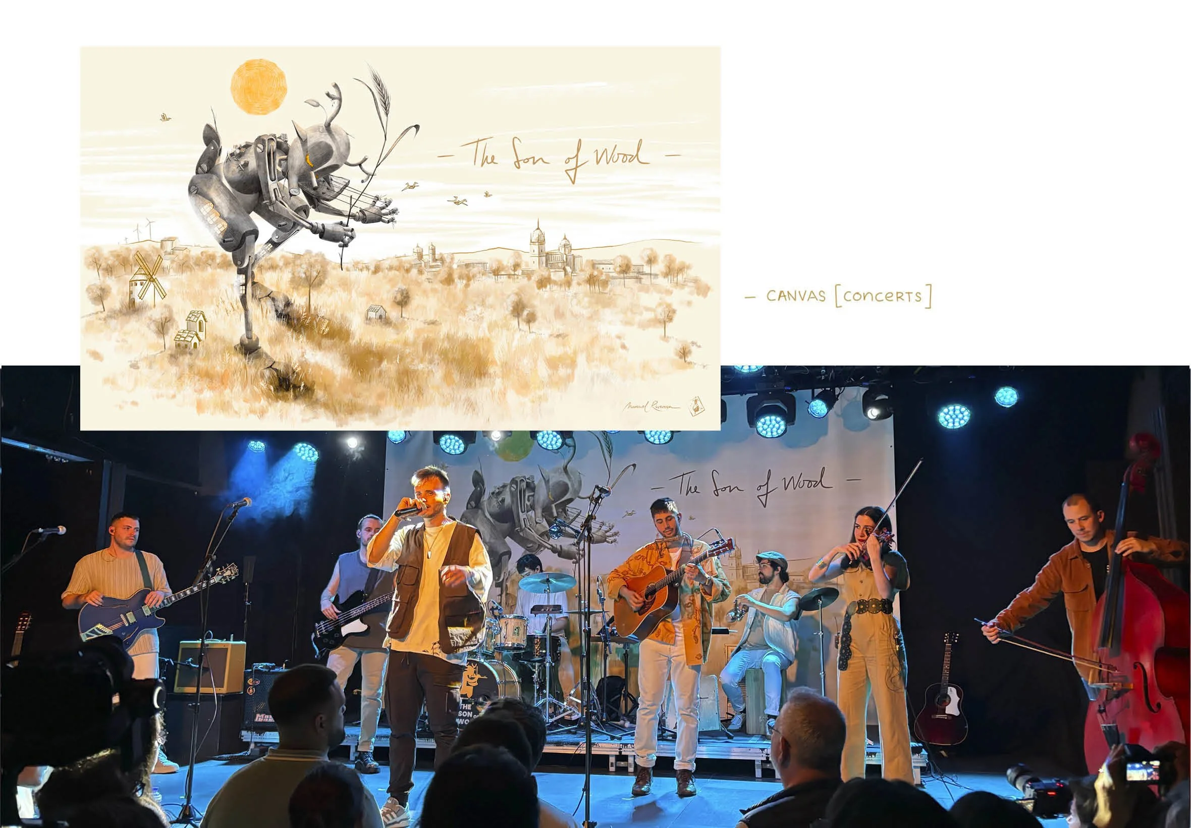 Escenario de concierto con banda tocando y proyección en fondo que muestra una ilustración de un robot musical en un campo, con texto 'The Son of Wood' y 'CANVAS [CONCERTS]'.